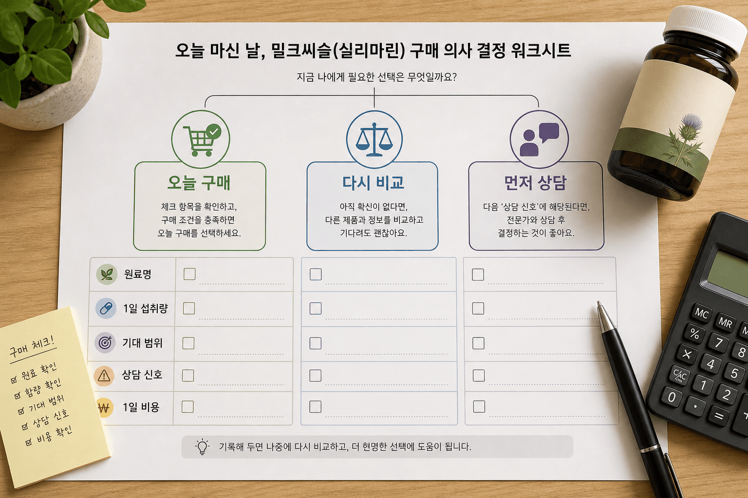 밀크씨슬 결제 전 구매, 비교, 상담을 나누는 예시 5줄 체크 워크시트 이미지