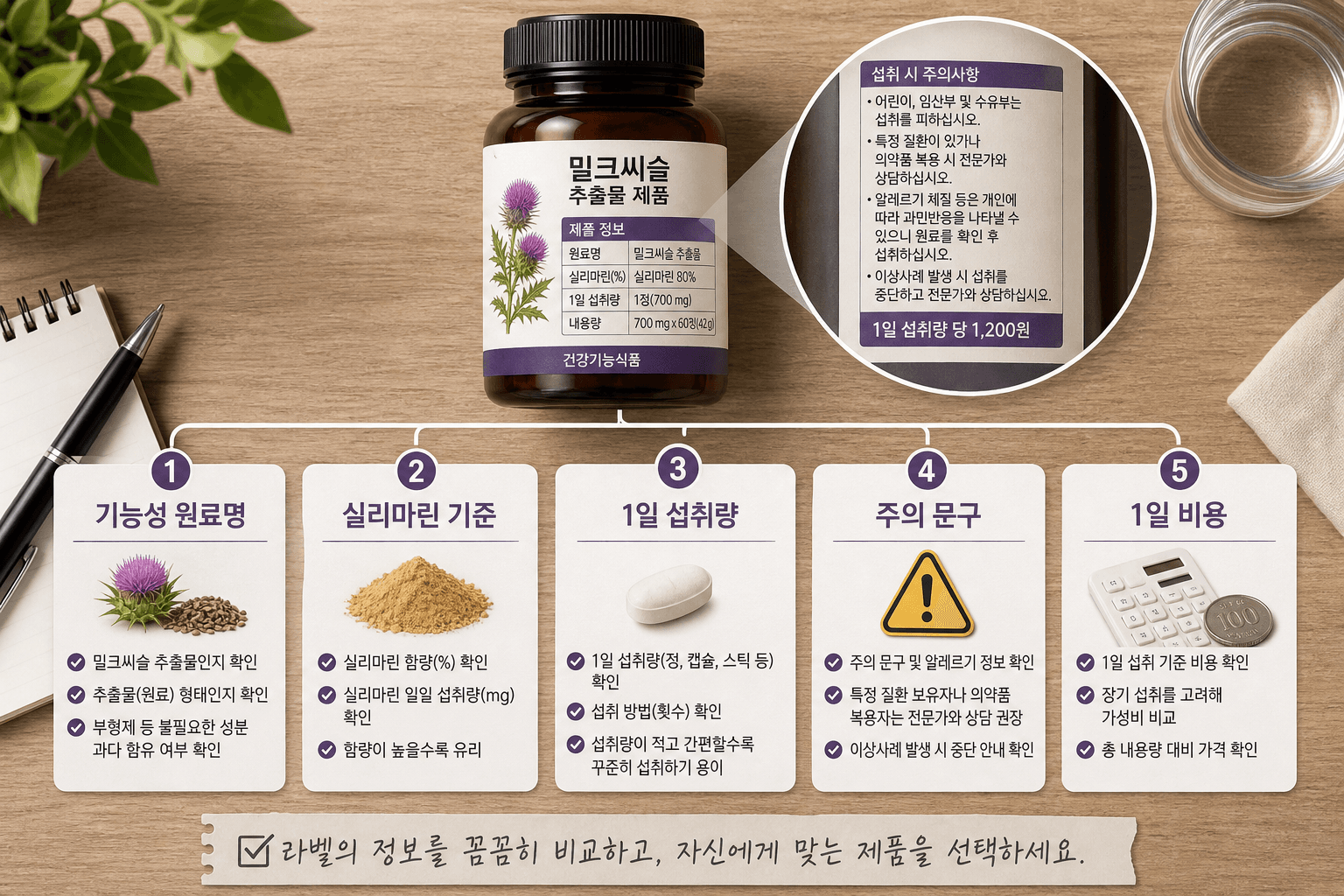 예시 밀크씨슬 라벨에서 기능성 원료명, 실리마린 기준, 1일 섭취량, 주의 문구, 1일 비용을 나눠 확인하는 이미지