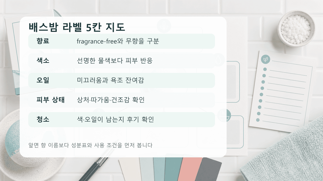 배스밤 라벨에서 향료, 색소, 오일, 피부 상태, 청소 계획을 확인하는 5칸 지도