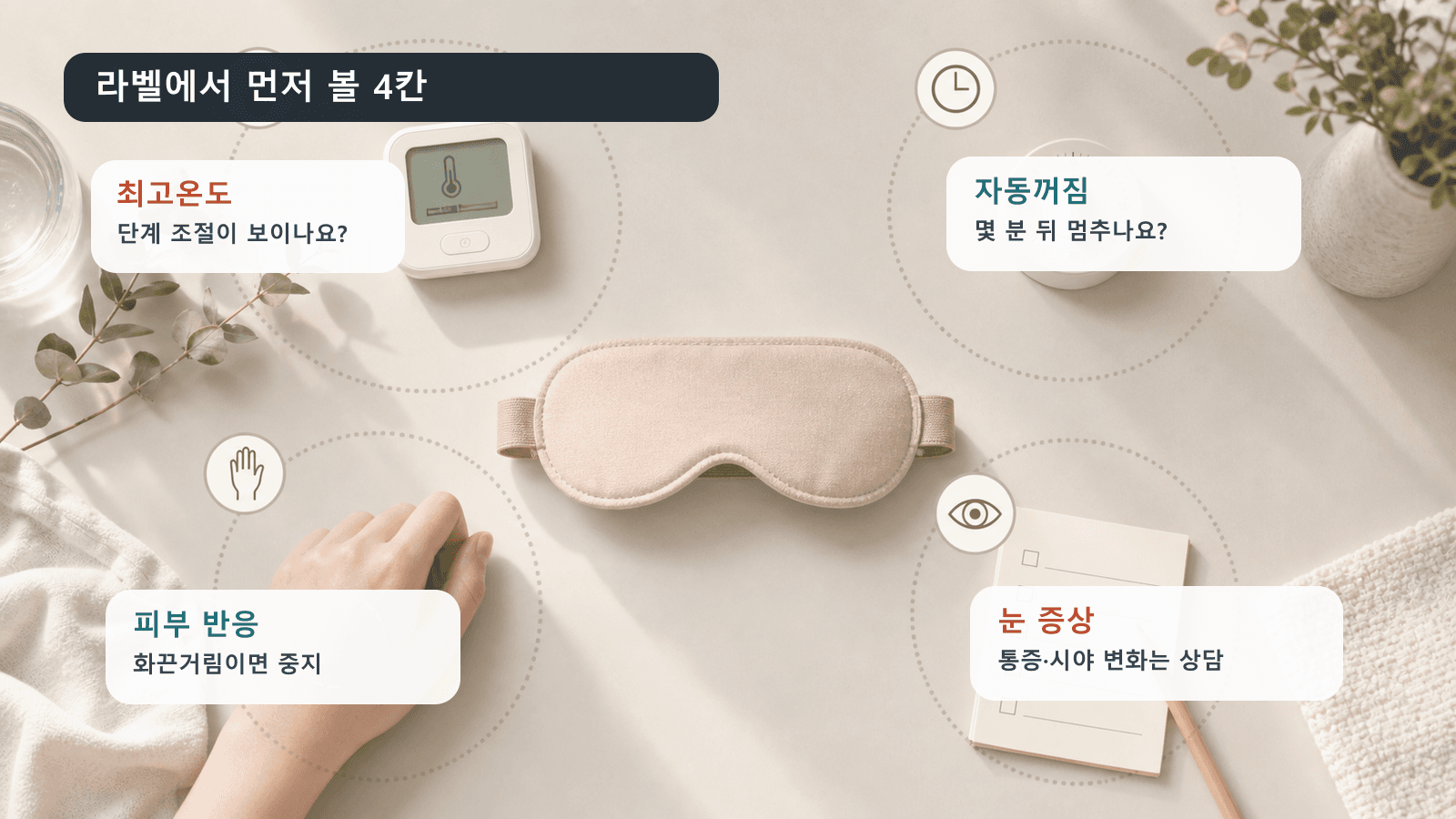 온열안대 라벨에서 최고온도, 자동꺼짐 시간, 피부 반응, 눈 증상 신호를 확인하는 지도