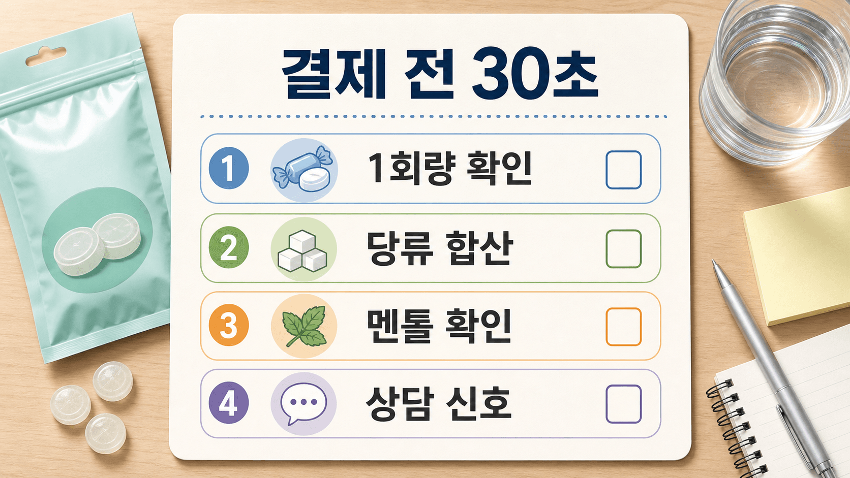 목캔디를 결제하기 전 1회량, 당류 합산, 멘톨 확인, 상담 신호를 채우는 30초 체크리스트