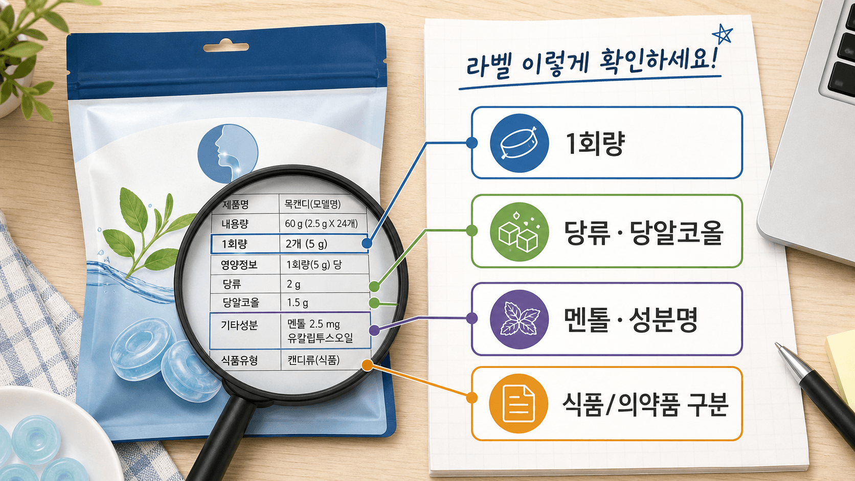 목캔디 예시 라벨에서 1회량, 당류와 당알코올, 멘톨 성분명, 식품과 의약품 구분을 확인하는 라벨 지도
