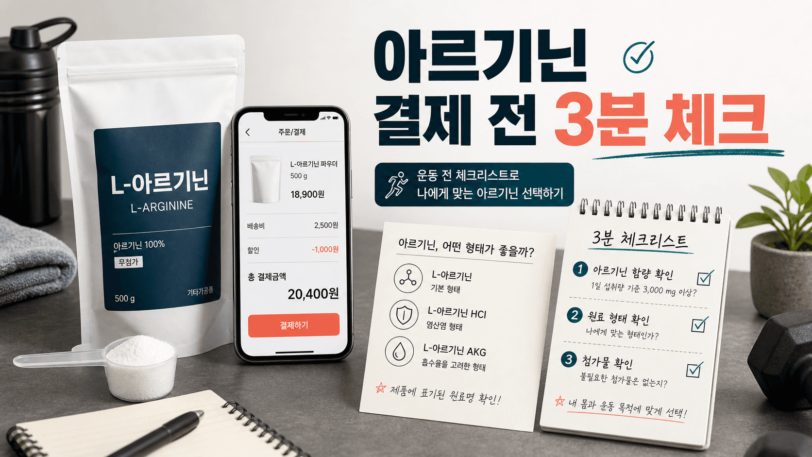운동 전 L-아르기닌 제품을 장바구니에 넣은 상태에서 6g 숫자, 라벨, 약물 상황, 1일 비용을 함께 확인하는 3분 체크 이미지