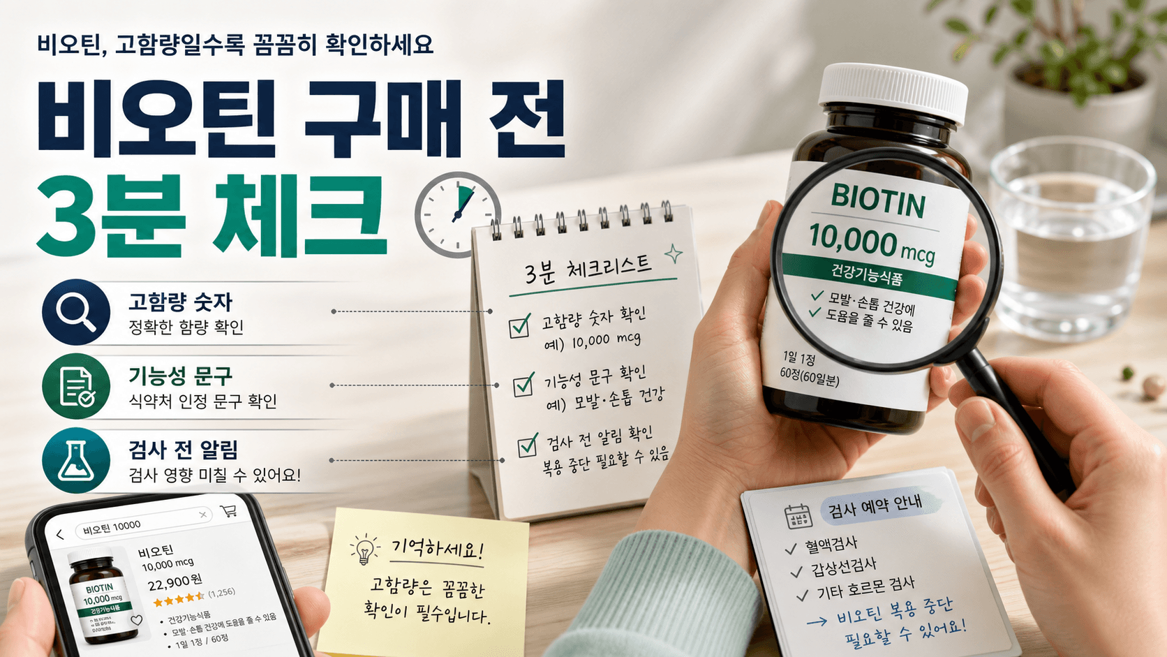 비오틴 고함량 영양제 상세페이지와 라벨, 검사 전 알림 메모를 함께 놓고 확인하는 장면