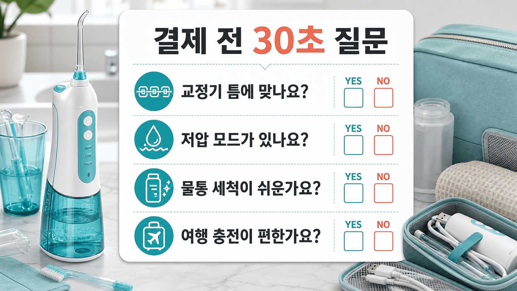 여행용 구강세정기 결제 전 교정기 틈, 저압 모드, 물통 세척, 여행 충전을 확인하는 체크시트