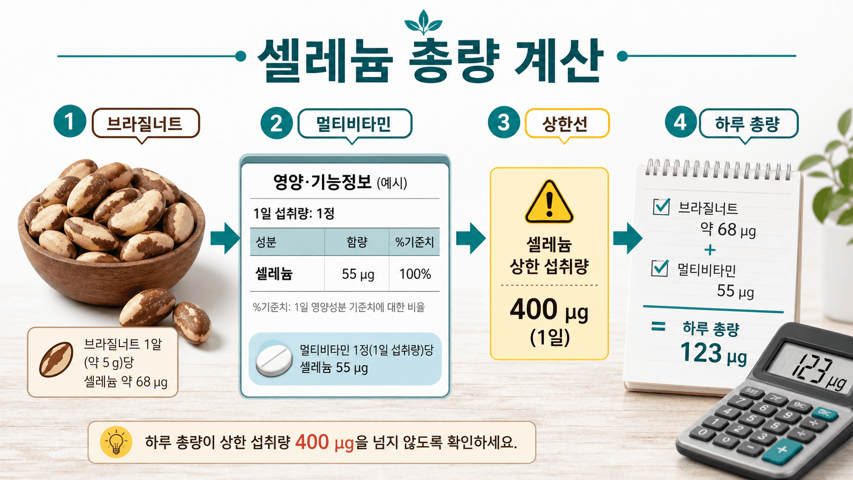 브라질너트 셀레늄과 멀티비타민 셀레늄을 더해 하루 총량을 계산하는 예시 도표