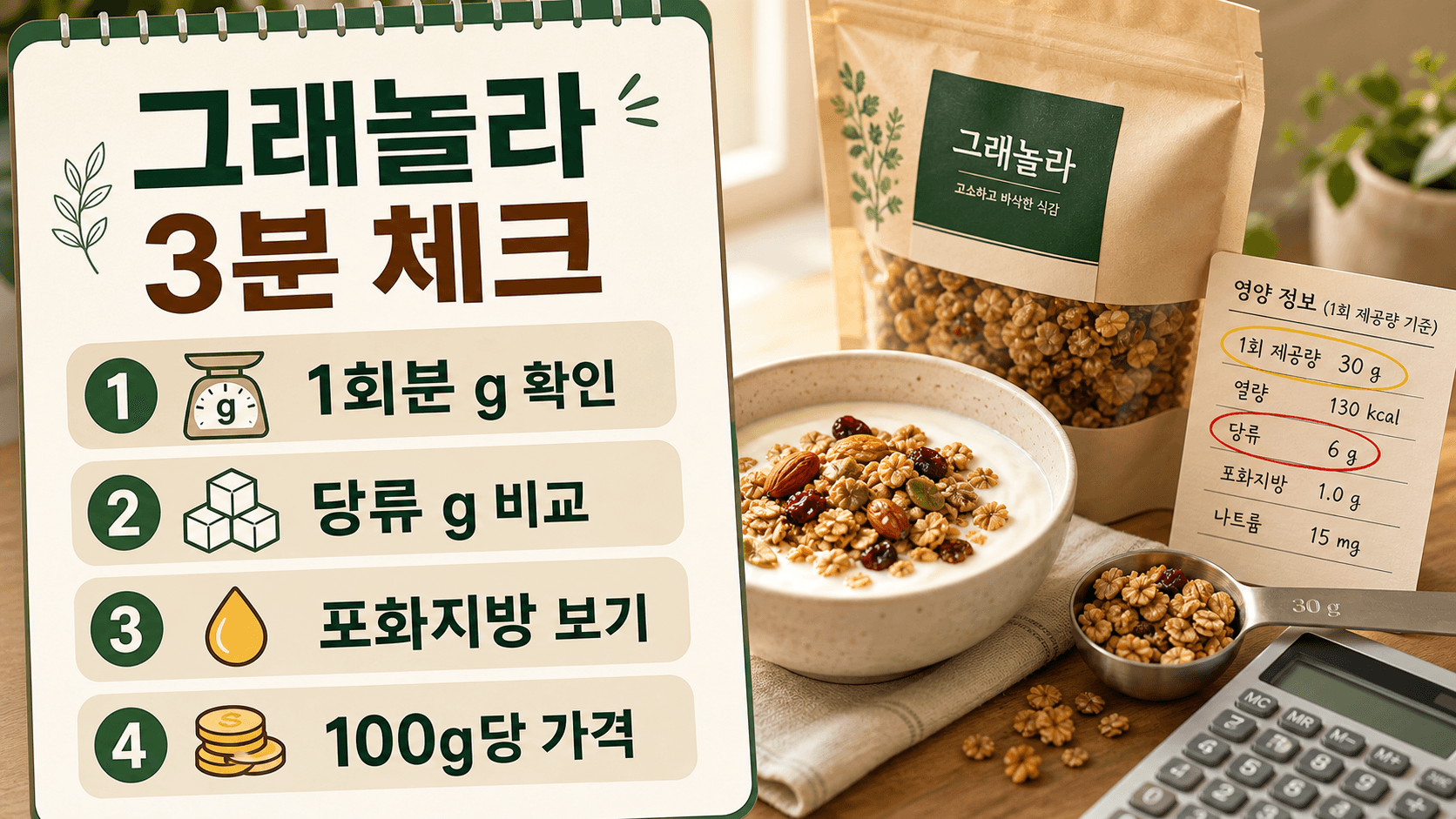 그래놀라 결제 전 1회분, 당류, 포화지방, 100g당 가격을 확인하는 체크리스트
