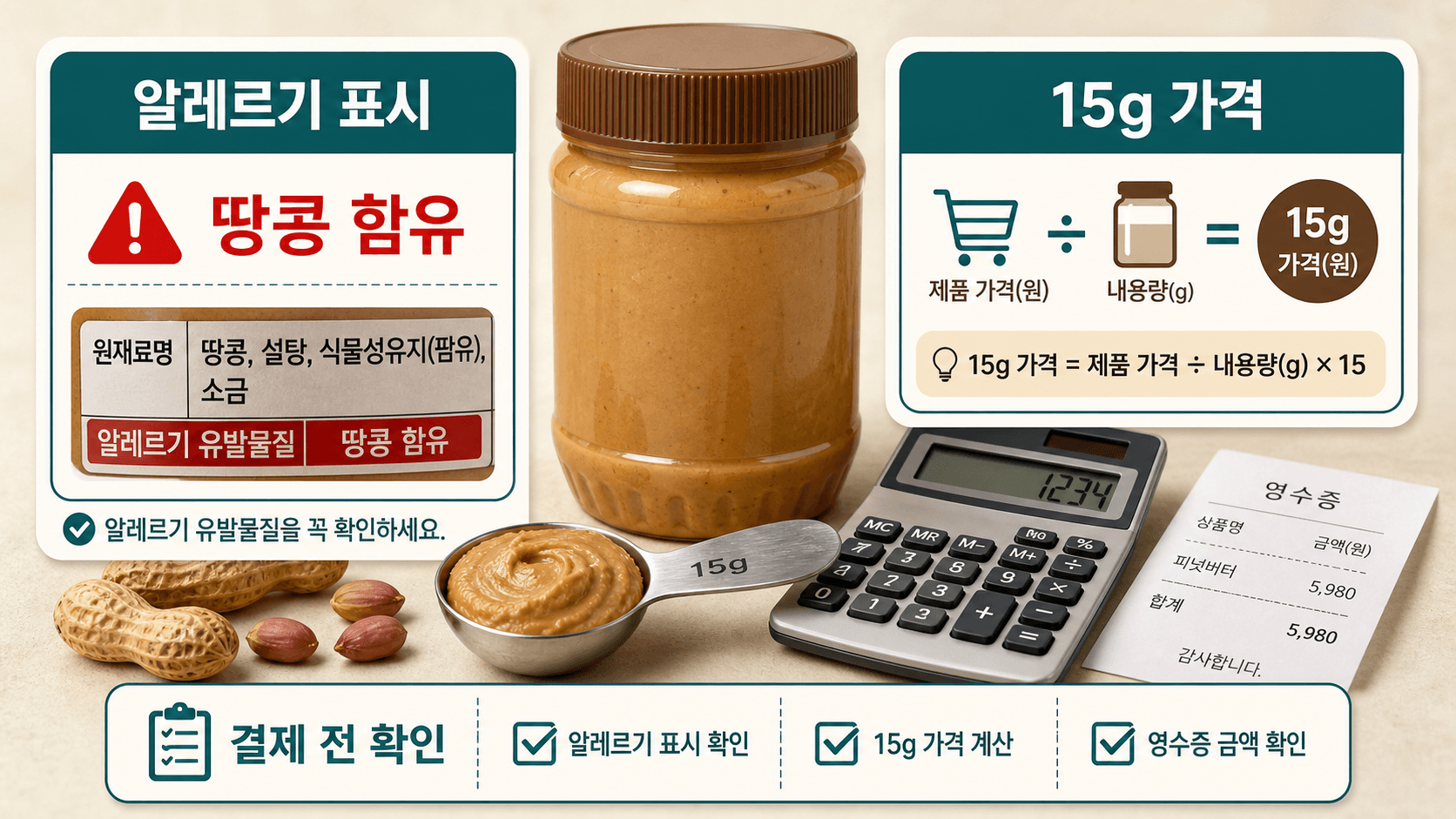땅콩 알레르기 표시와 15g 기준 1회 가격 계산표를 함께 확인하는 결제 전 체크리스트