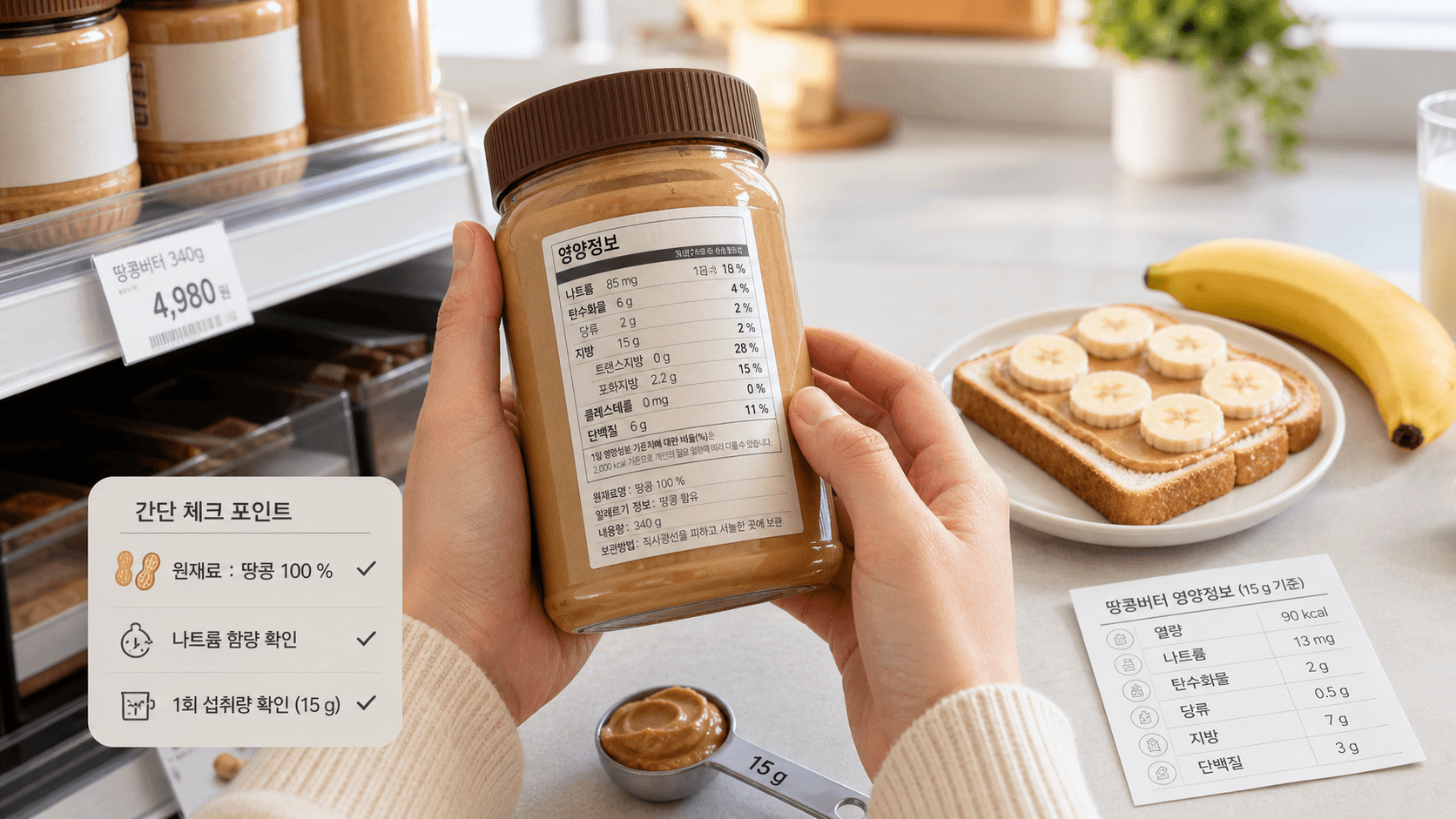 아침 식단용 땅콩버터 병과 토스트 옆에서 1회량, 영양성분표, 가격표를 함께 확인하는 구매 체크 장면