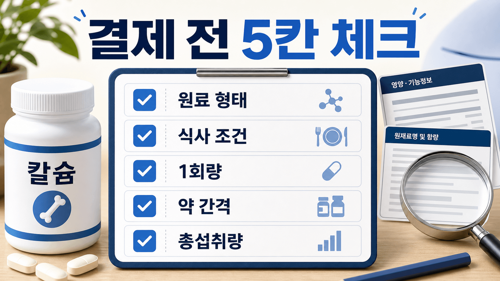칼슘제 결제 전 형태, 식사, 1회량, 약 간격, 총섭취량을 체크하는 5칸 체크리스트