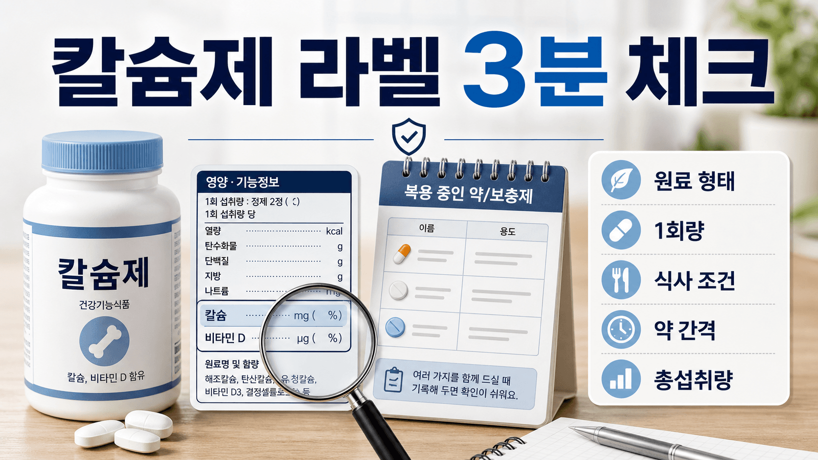 칼슘제 병, 현재 먹는 약 시간표, 기존 영양제 라벨을 함께 펼쳐 놓고 결제 전 체크리스트를 적는 장면