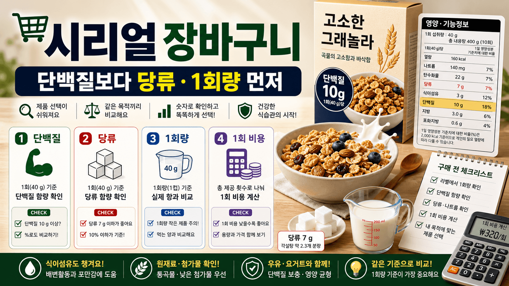 시리얼 상자와 영양성분표, 계산기를 함께 놓고 단백질보다 당류와 1회량을 먼저 확인하는 장바구니 체크 장면