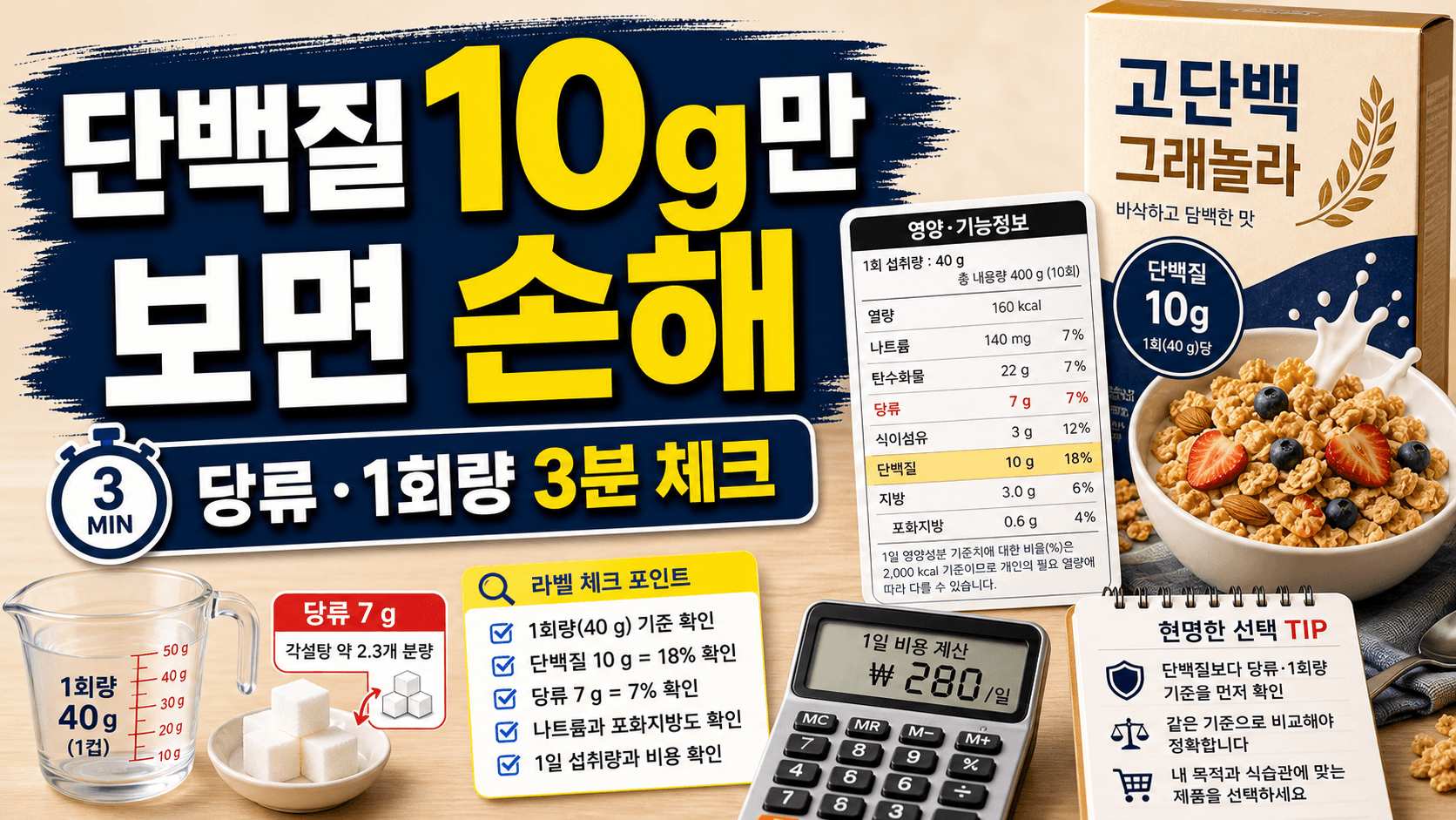 아침 시리얼 단백질 10g만 보면 손해, 당류·1회량 3분 라벨 체크 대표 이미지