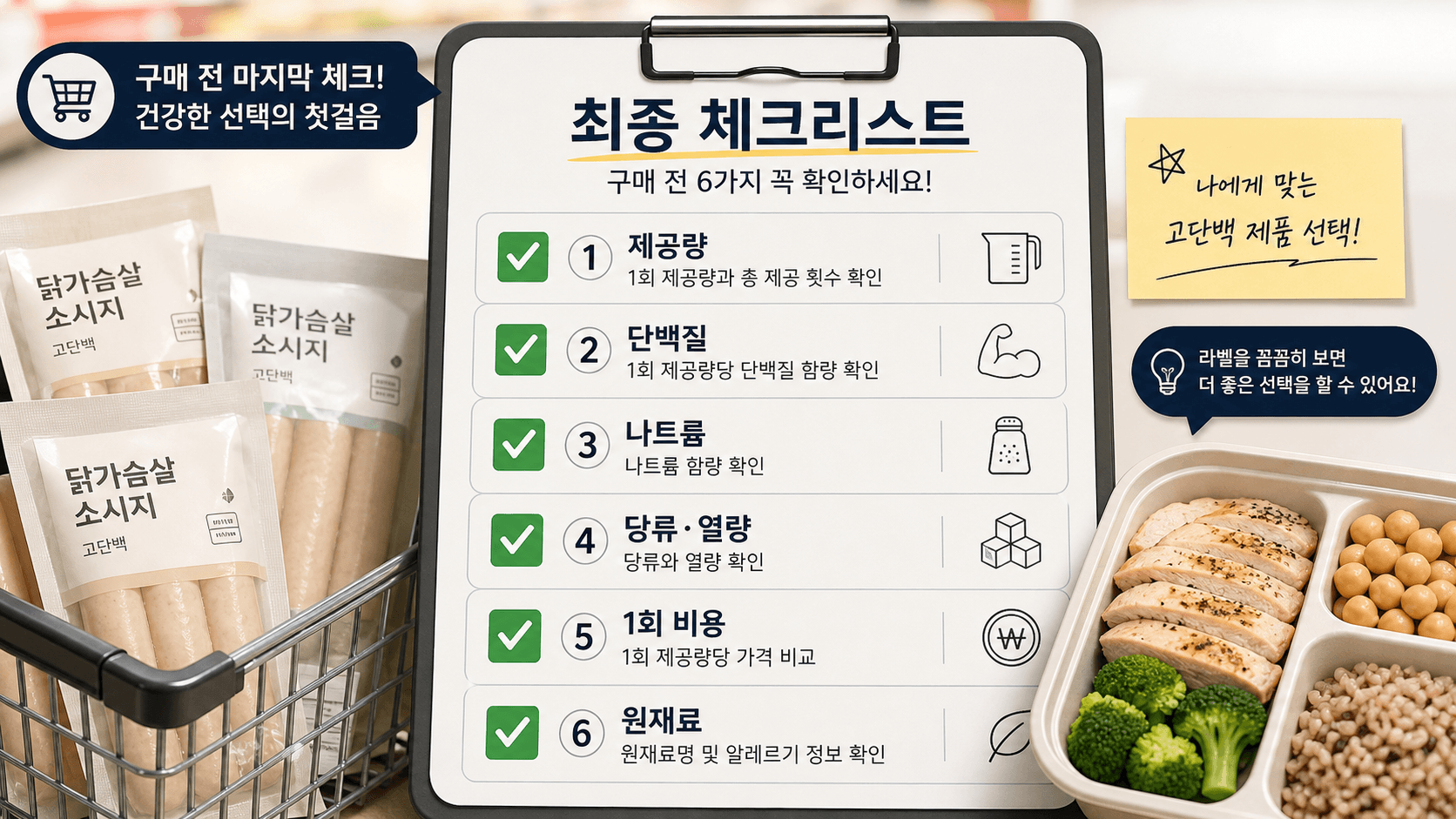 닭가슴살 소시지 결제 전 단백질, 나트륨, 당류, 열량, 1회 비용, 알레르기 표시를 확인하는 체크리스트