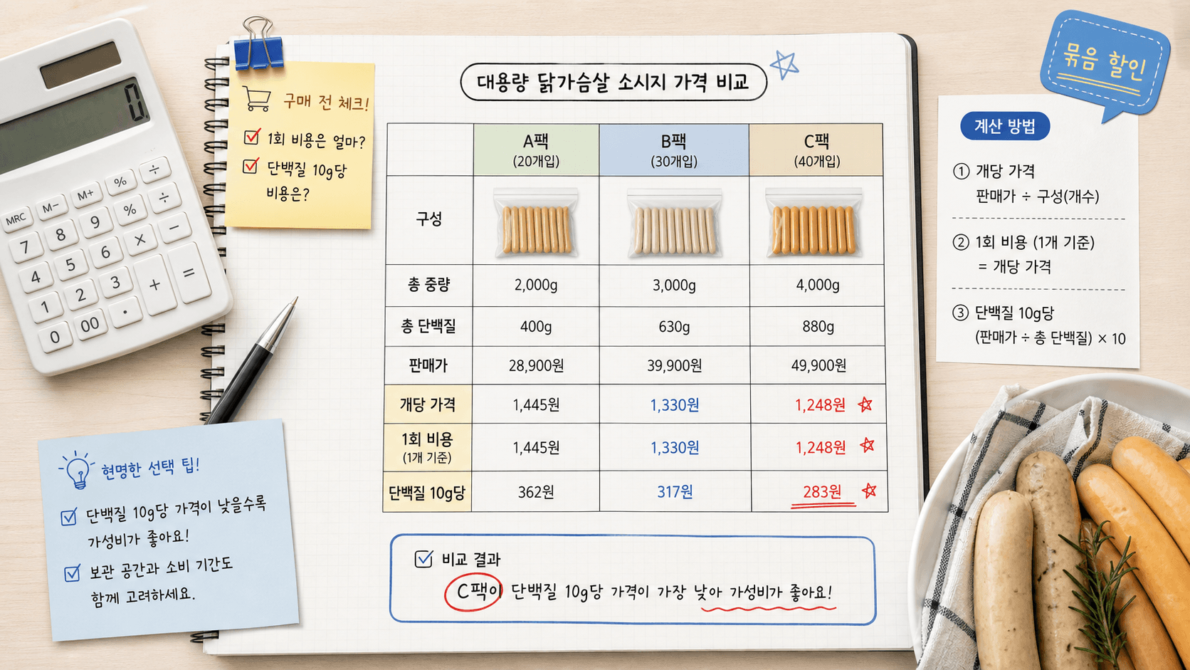 닭가슴살 소시지 묶음 가격을 단백질 10g당 비용과 1회 비용으로 다시 계산하는 워크시트