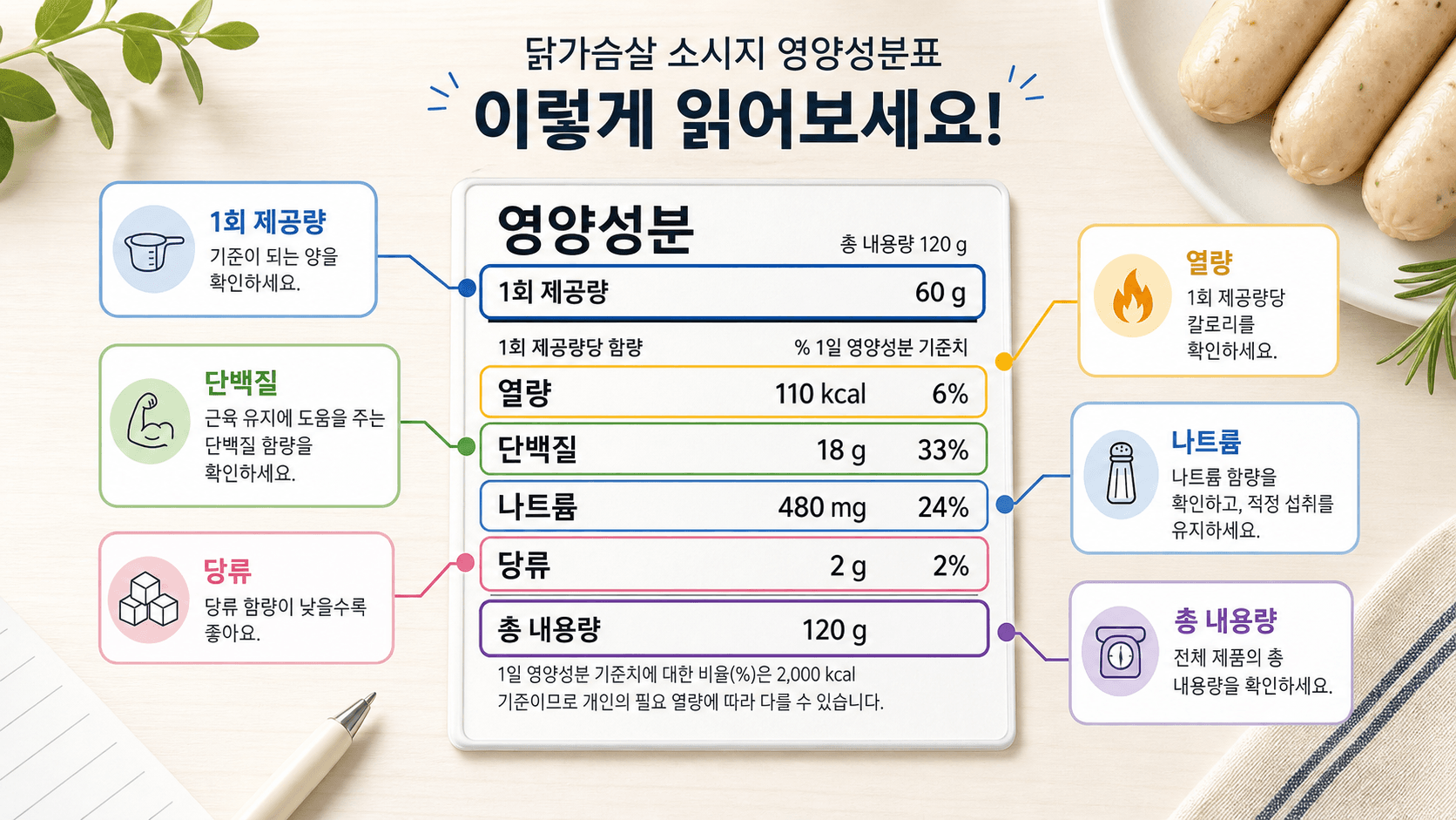 닭가슴살 소시지 영양성분표에서 단백질, 1회 제공량, 총 내용량을 분리해 확인하는 라벨 지도