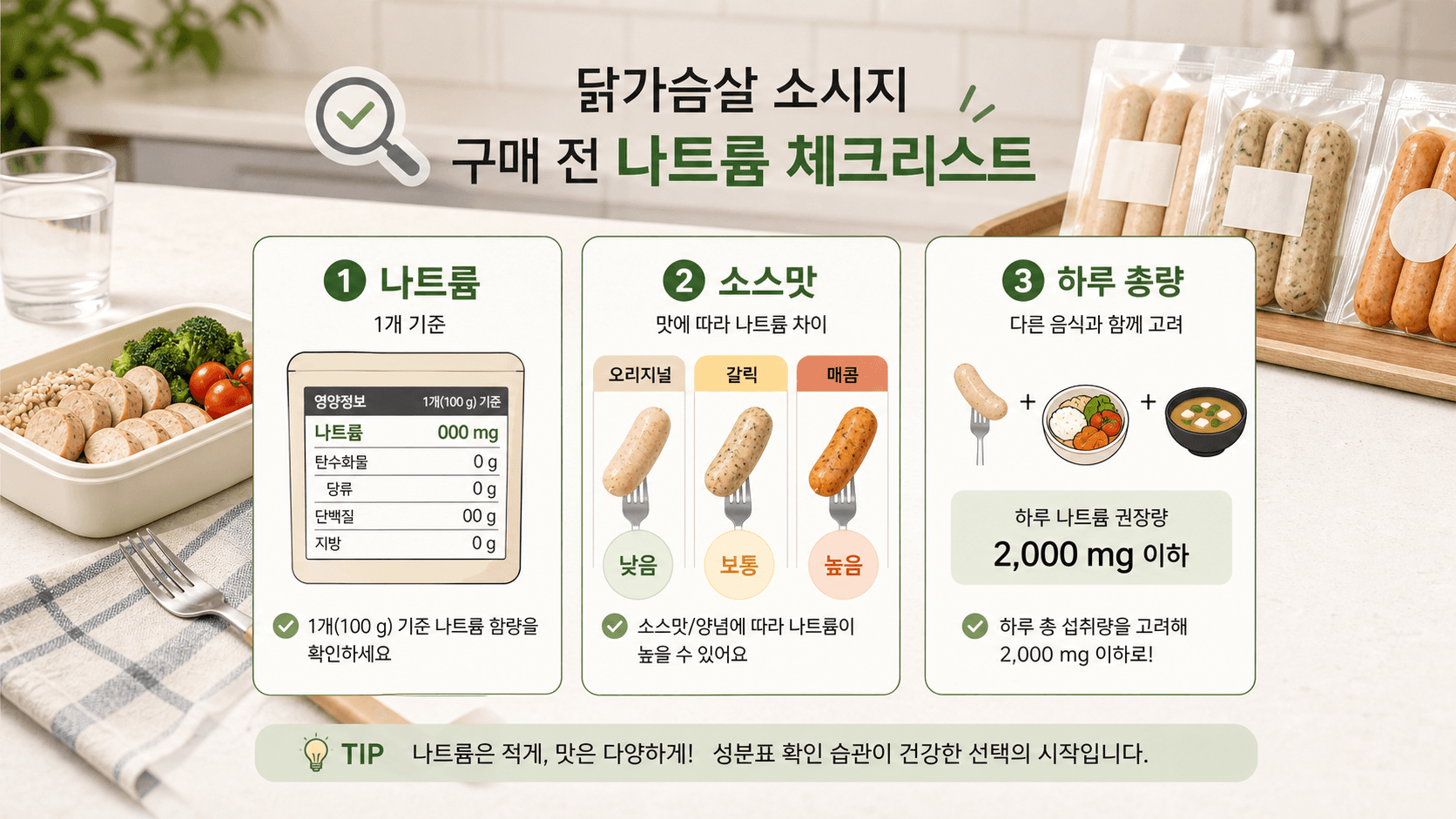 닭가슴살 소시지의 나트륨, 소스, 훈제맛, 하루 총 섭취량을 함께 점검하는 체크 카드