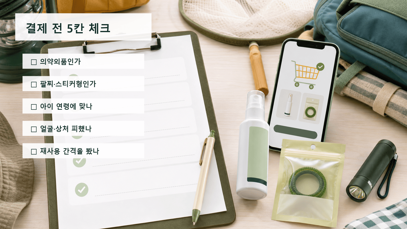 아이 캠핑 모기기피제 결제 전 의약외품, 팔찌형 여부, 아이 연령, 사용 부위, 재사용 간격을 확인하는 체크시트