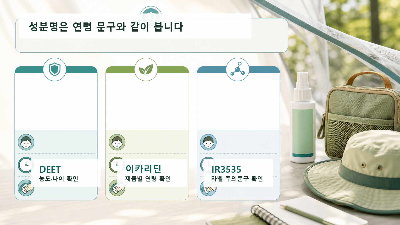 DEET, 이카리딘, IR3535 성분명을 사용 연령과 주의 문구와 함께 확인하는 비교 카드