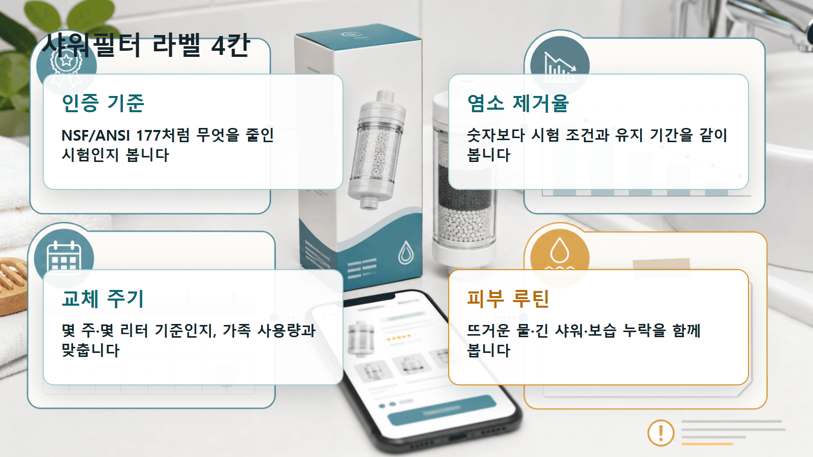 샤워필터 라벨에서 인증 기준, 염소 제거율, 교체주기, 피부 루틴을 확인하는 4칸 지도