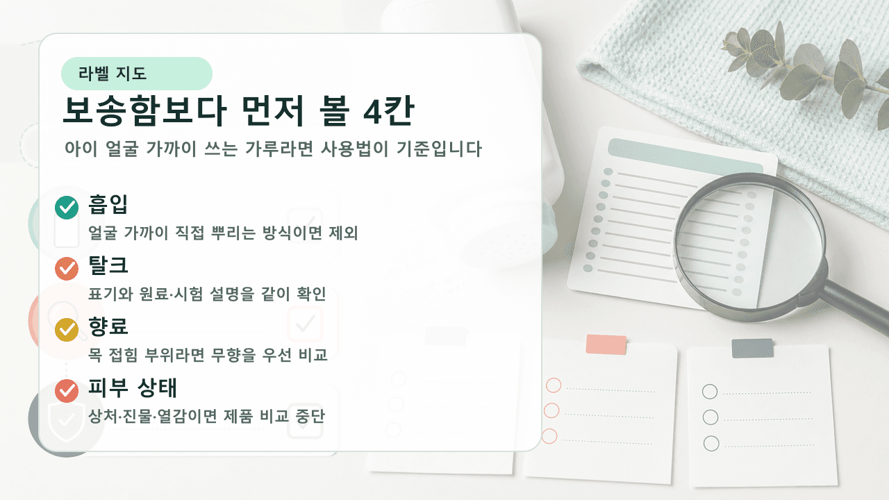 베이비파우더 라벨에서 흡입 가능성, 탈크 표기, 향료, 사용 부위, 중단 신호를 확인하는 라벨 지도