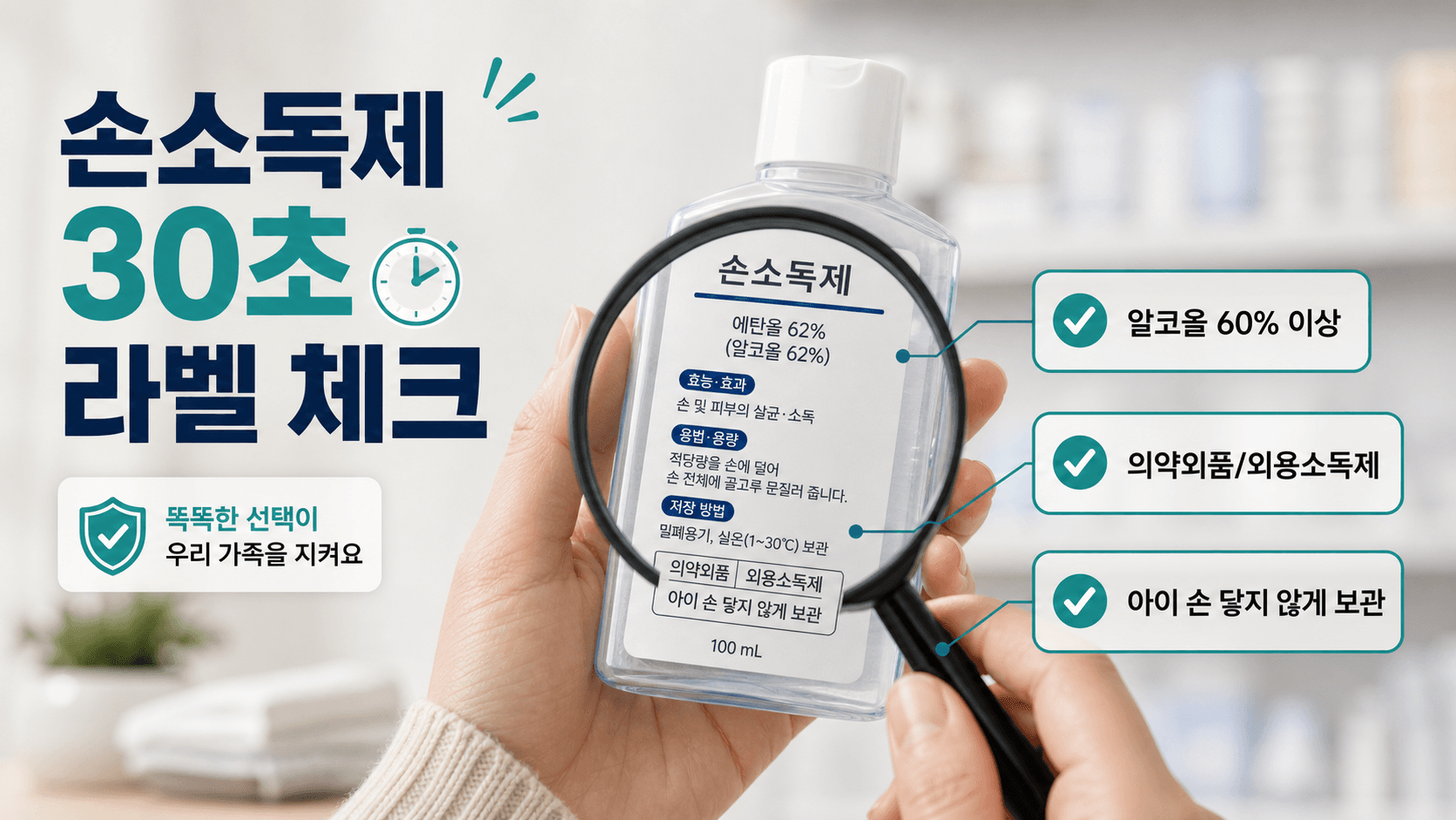 손소독제 라벨에서 알코올 60% 이상, 의약외품 또는 외용소독제 표시, 아이 손 닿지 않게 보관 문구를 확인하는 이미지