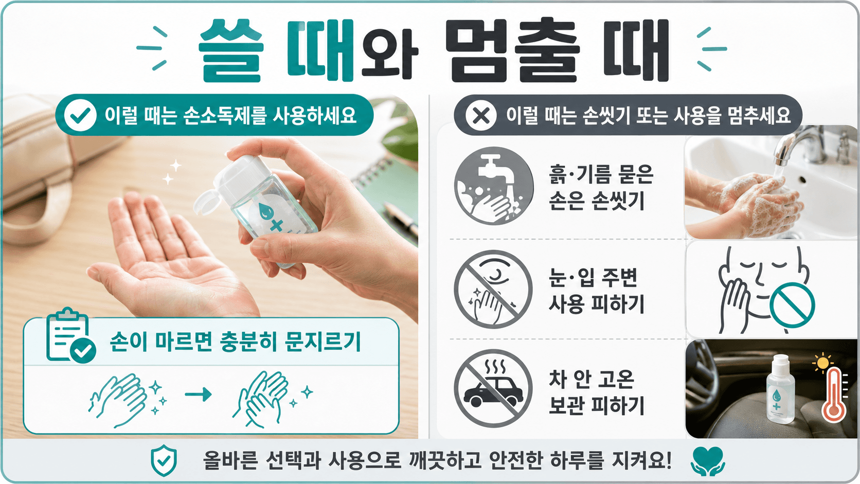 손소독제를 쓸 때와 손씻기로 바꿔야 할 때를 나누는 체크리스트 이미지