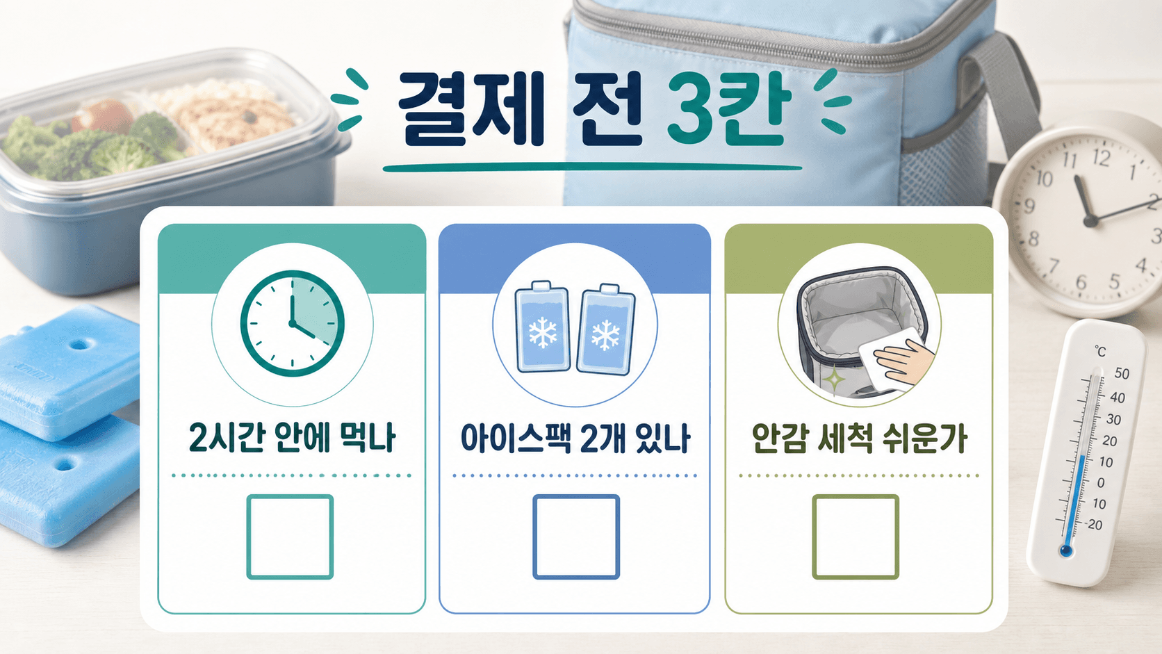 결제 전 3칸으로 2시간 안에 먹는지, 아이스팩 2개가 있는지, 안감 세척이 쉬운지 확인하는 체크시트