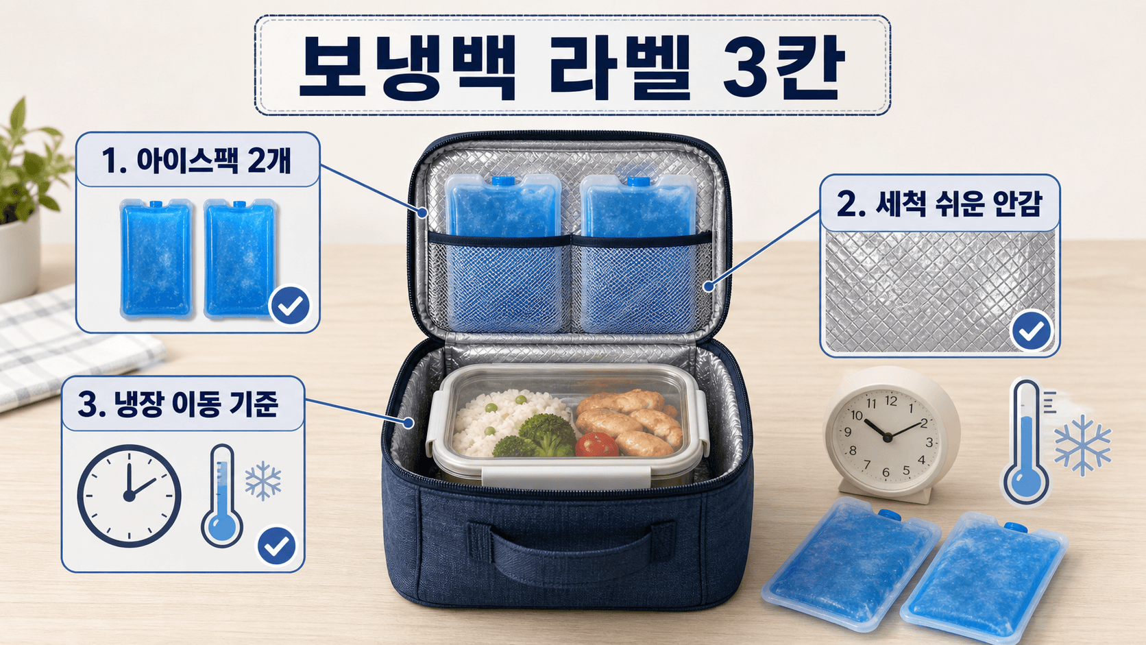 보냉백 라벨에서 아이스팩 2개, 세척 쉬운 안감, 냉장 이동 기준을 확인하는 3칸 지도