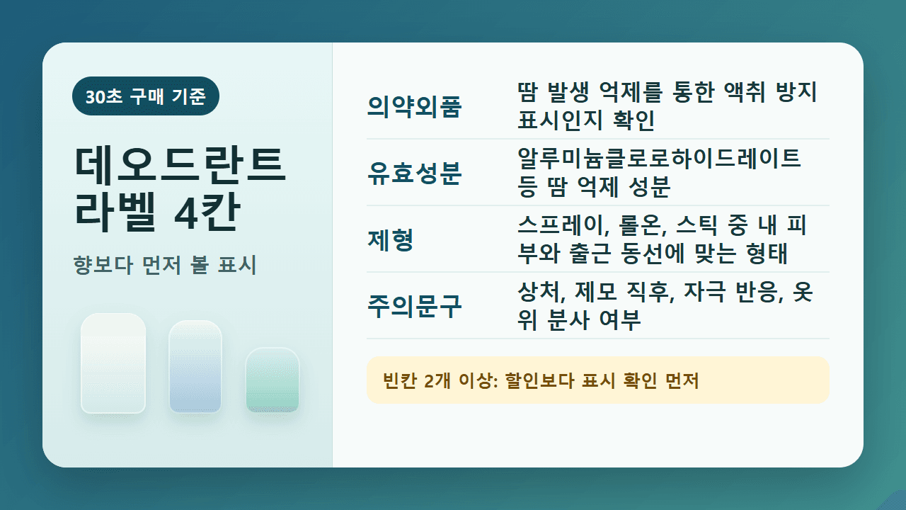 데오드란트 라벨에서 의약외품, 유효성분, 제형, 주의문구를 확인하는 4칸 지도