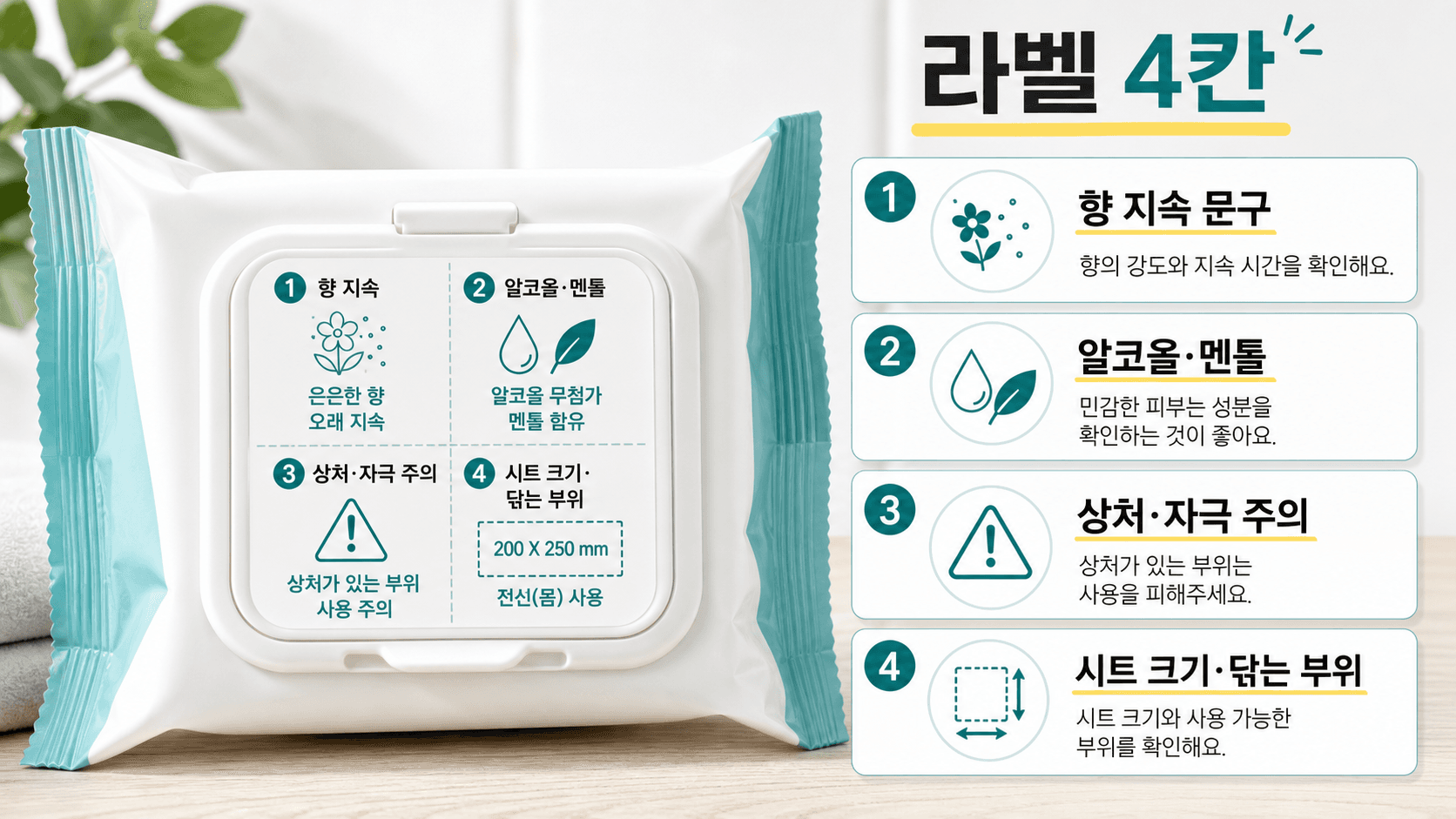 바디시트 구매 전 향 지속 문구, 알코올·멘톨, 상처·자극 주의, 시트 크기와 닦는 부위를 보는 라벨 4칸