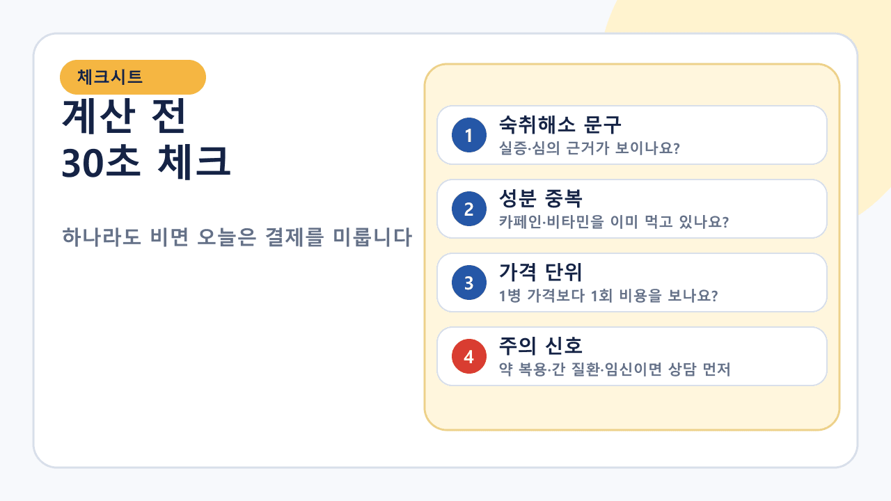 숙취해소제 결제 전 숙취해소 문구, 성분 중복, 가격 단위, 주의 신호를 확인하는 30초 체크시트