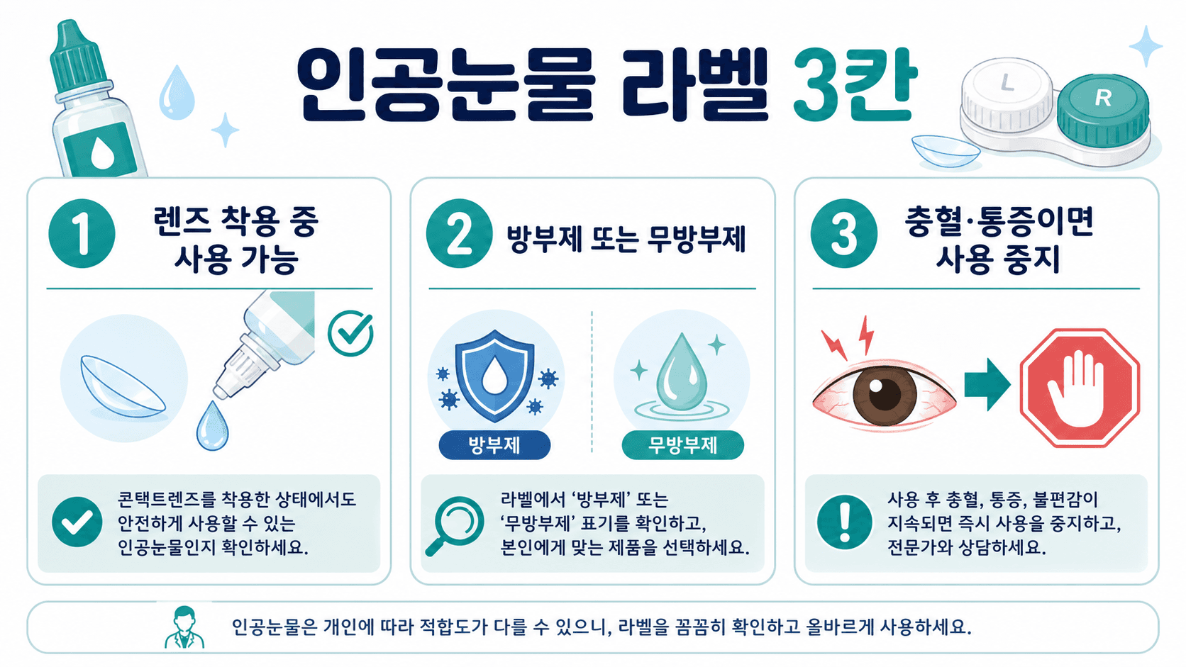 인공눈물 라벨에서 렌즈 착용 중 사용 가능, 방부제 여부, 충혈과 통증 신호를 확인하는 3칸 지도
