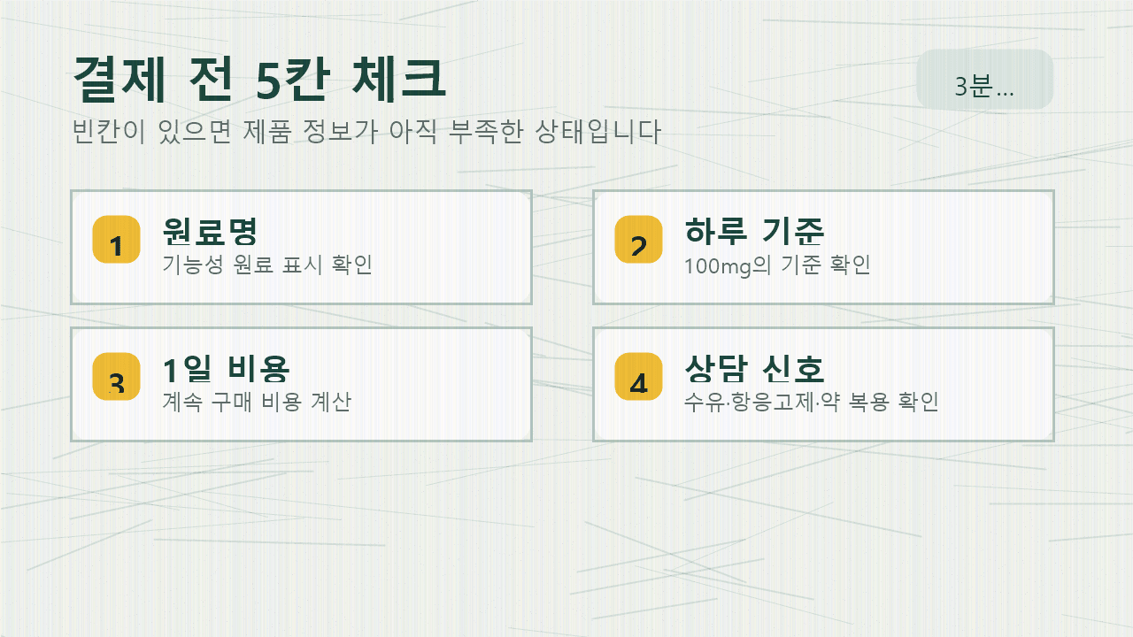 코엔자임Q10 결제 전 기능성 원료명, 하루 기준, 1일 비용, 중복 성분, 상담 신호를 확인하는 5칸 체크리스트