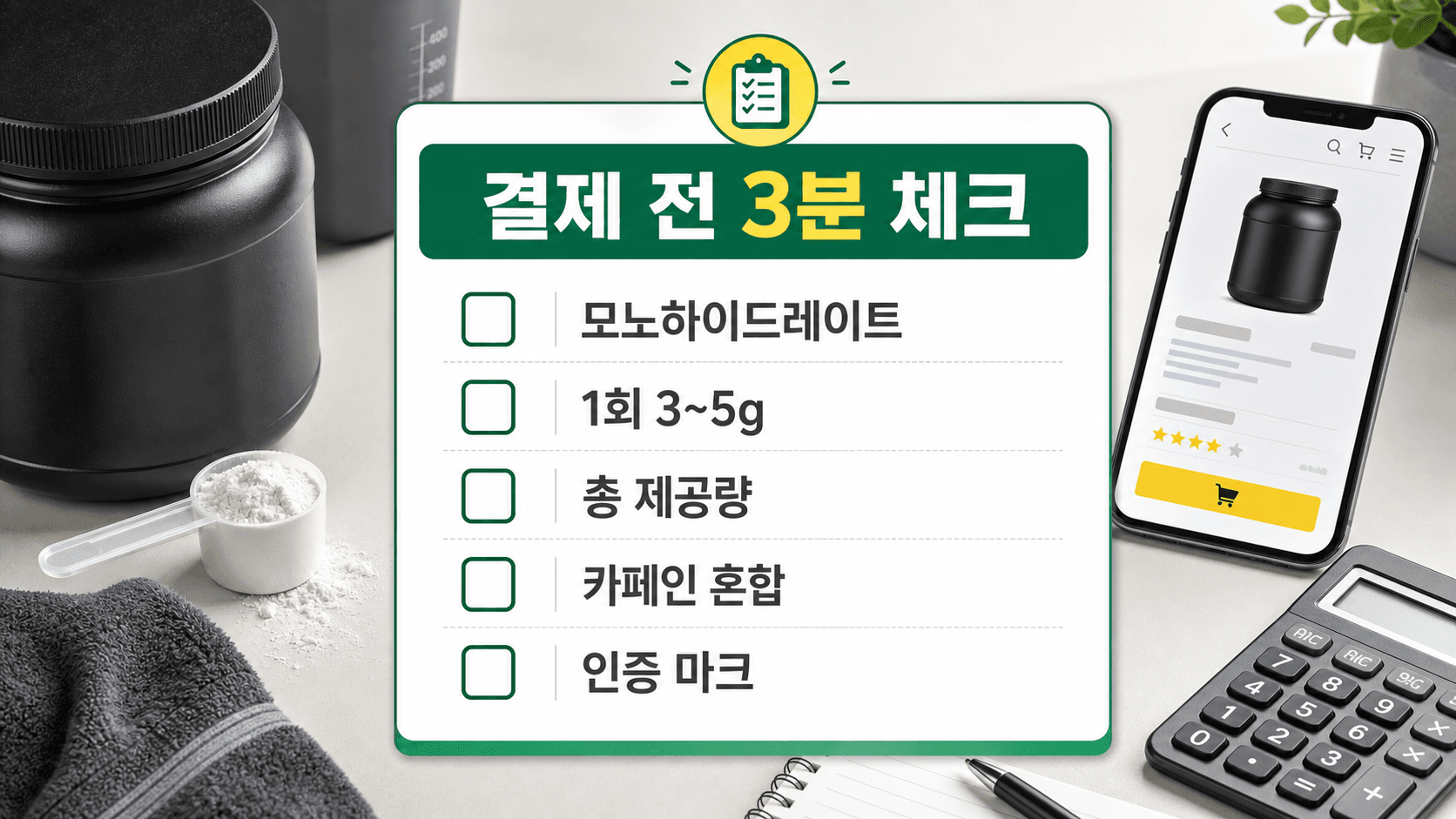 크레아틴 구매 전 모노하이드레이트, 1회 3~5g, 총 제공량, 카페인 혼합, 인증 마크를 확인하는 체크리스트