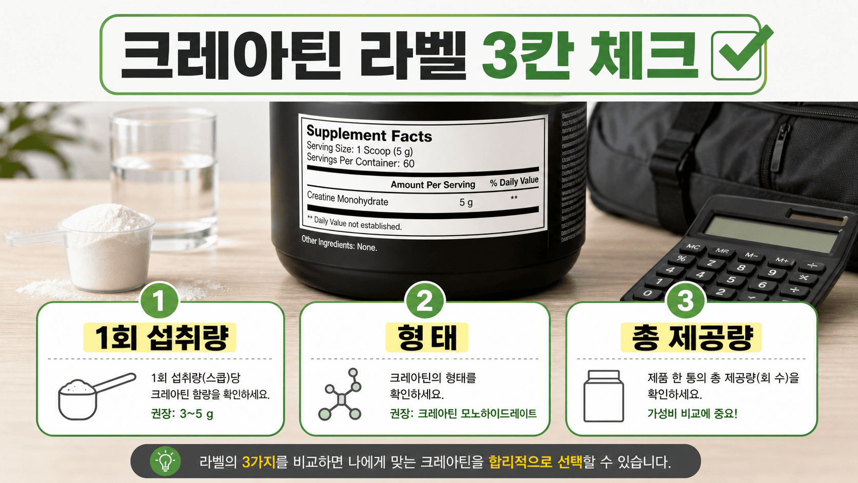 크레아틴 보충제 라벨에서 1회 섭취량, 형태, 총 제공량을 확인하는 보조 이미지