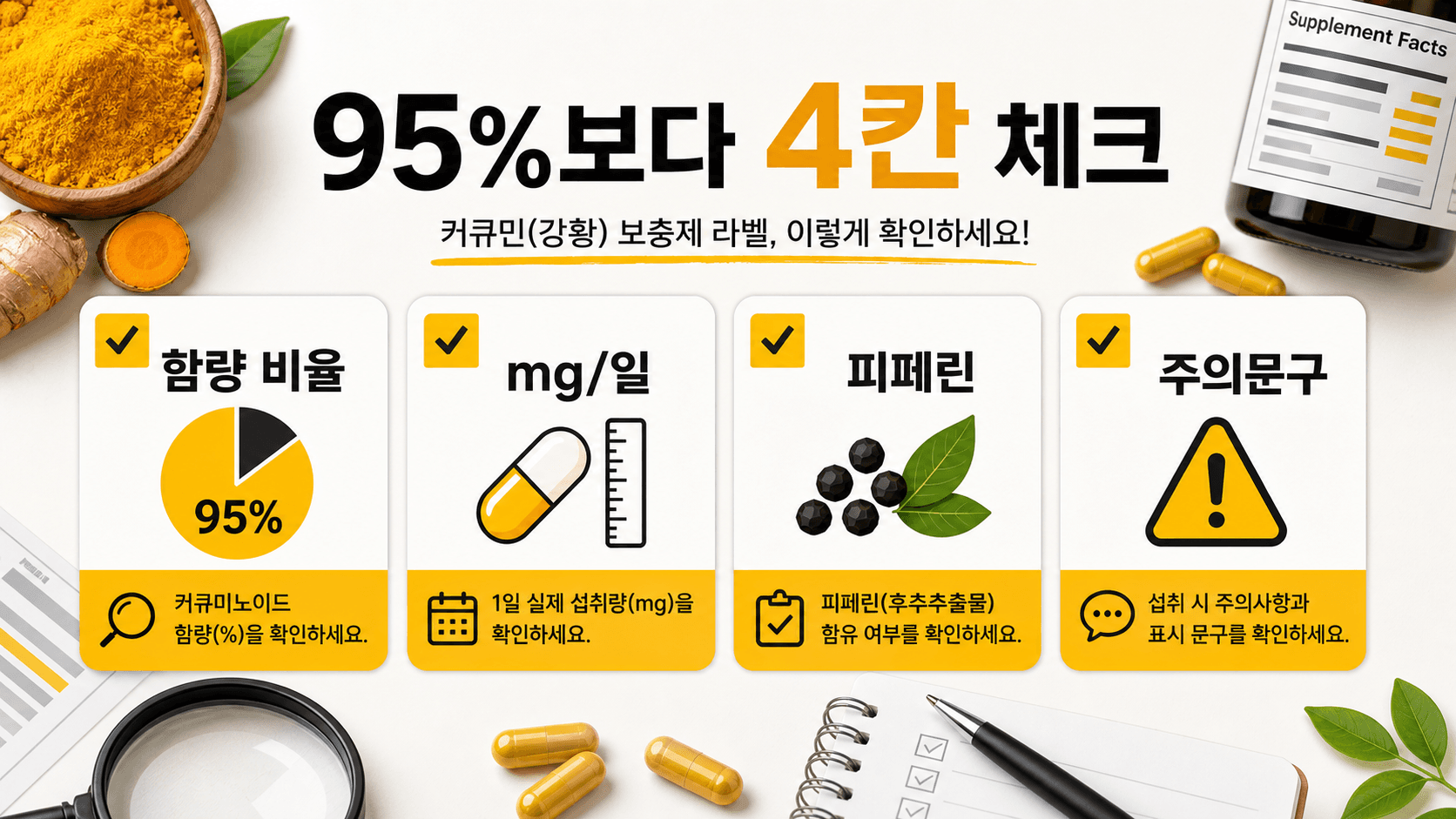 커큐민 보충제 라벨에서 함량 비율, 하루 실제 섭취량, 피페린, 주의문구를 함께 확인하는 4칸 체크 이미지