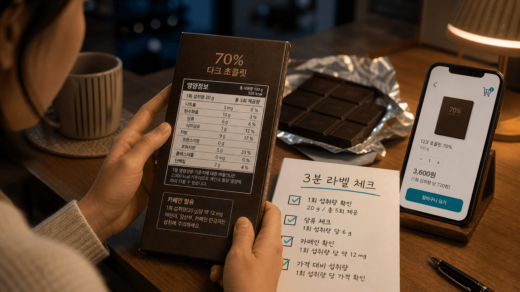 밤에 70% 다크초콜릿을 사기 전 포장 라벨과 장바구니 화면에서 1회 섭취량, 당류, 카페인을 확인하는 장면