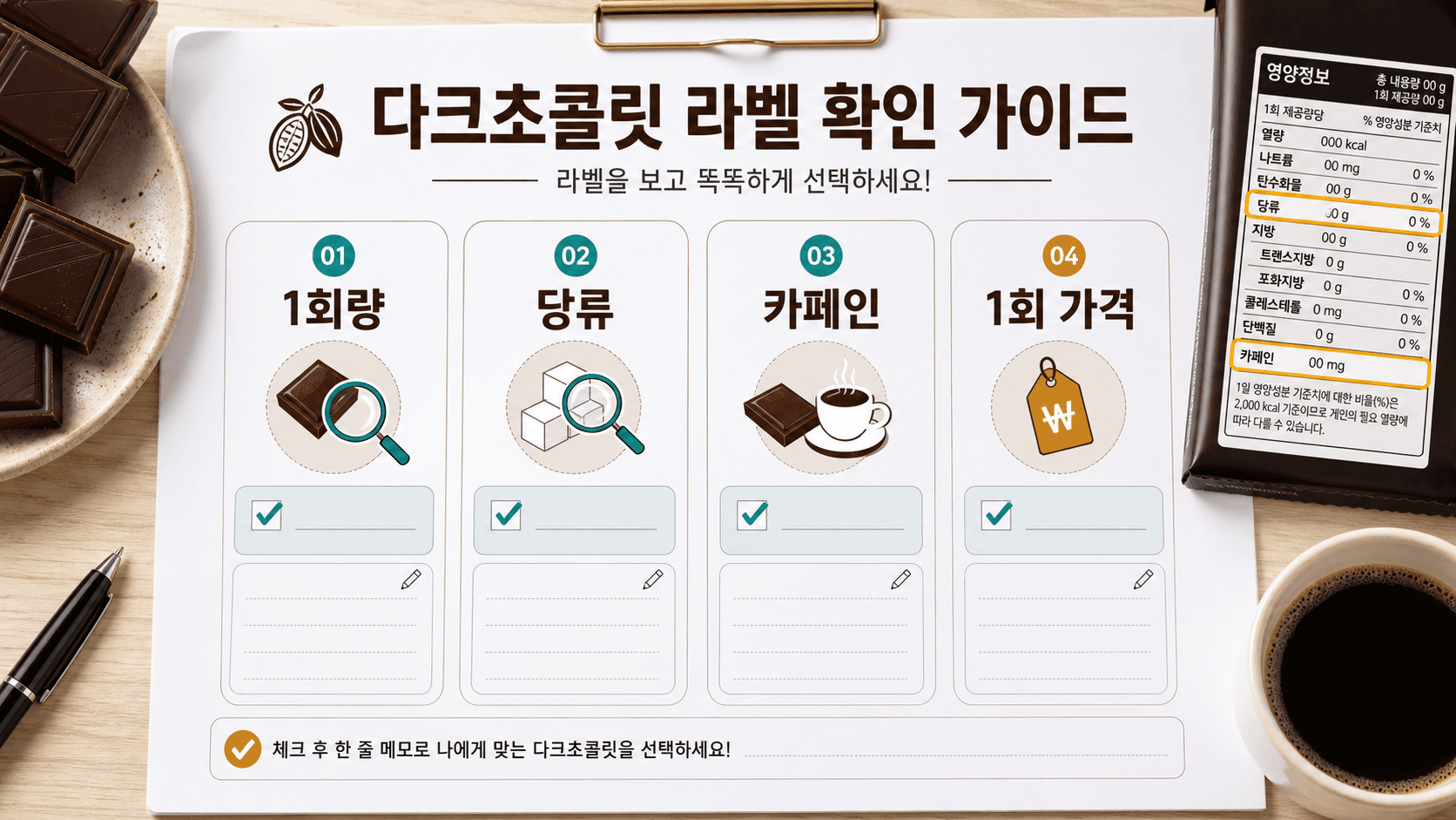 다크초콜릿 라벨 확인 가이드 이미지로 1회량, 당류, 카페인, 1회 가격을 나누어 확인하는 체크리스트