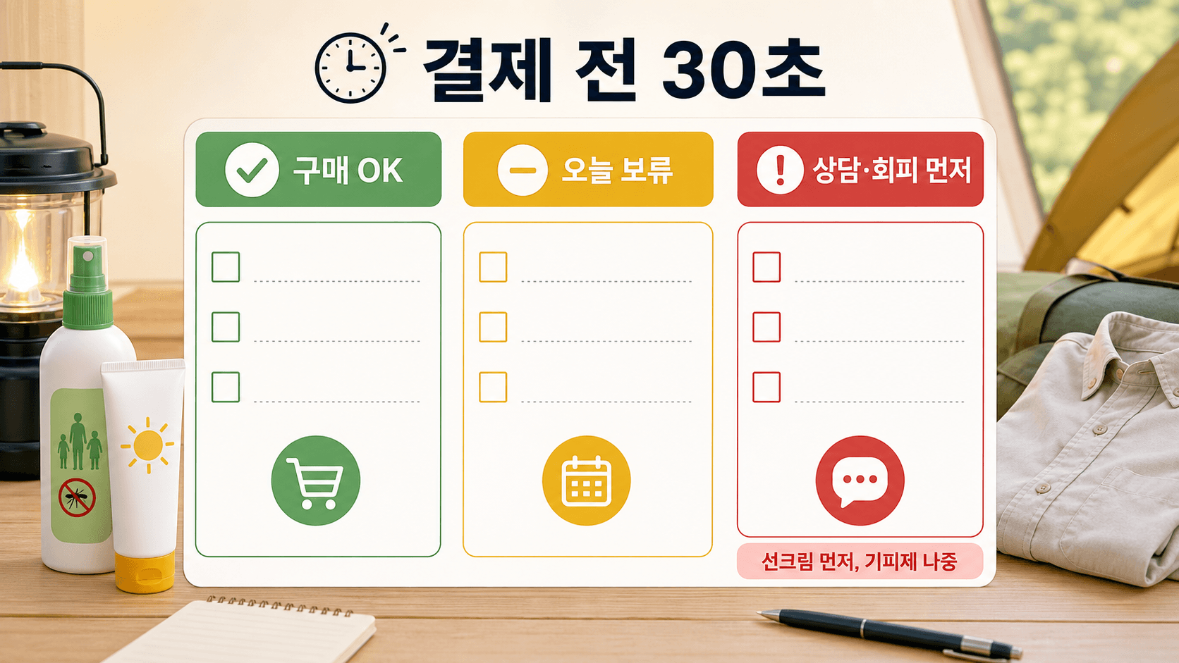 모기기피제 결제 전 구매 OK, 오늘 보류, 상담 회피 먼저로 나누는 30초 체크시트
