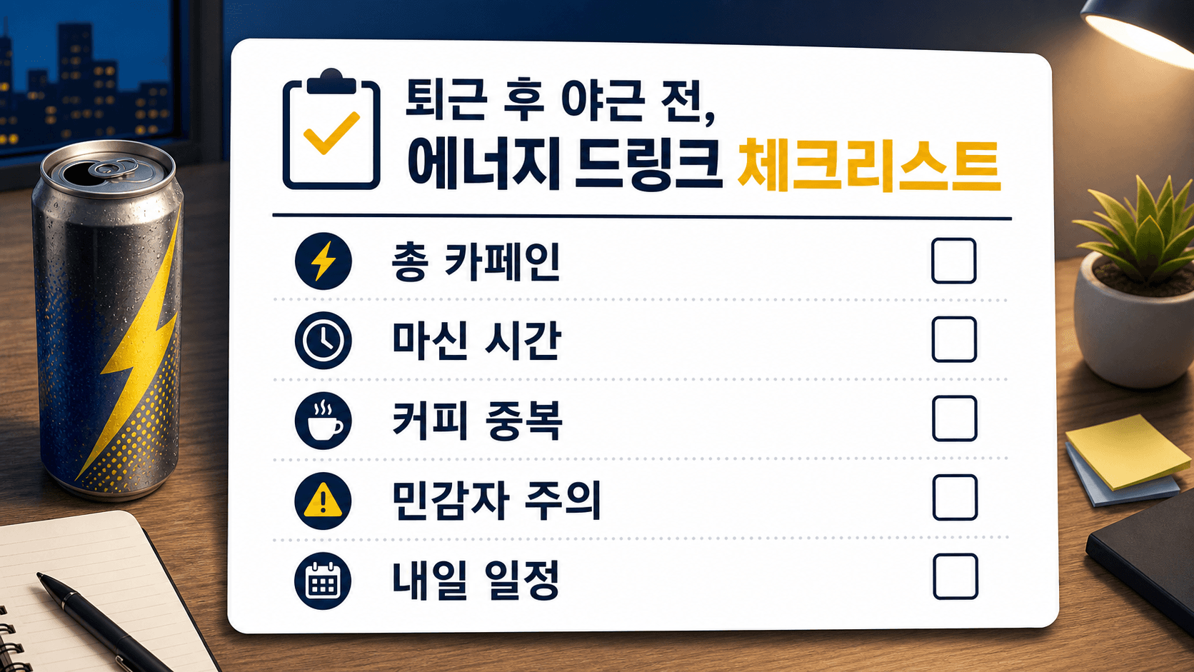 야근 전 에너지드링크 결제 전에 확인할 총 카페인, 마신 시간, 커피 중복, 민감자 주의, 내일 일정 체크리스트