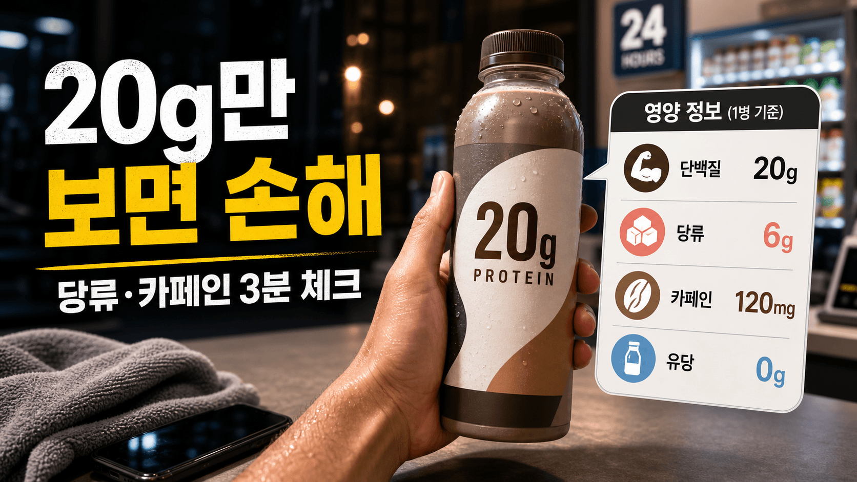 퇴근 후 프로틴음료 20g, 당류·카페인 4칸 라벨