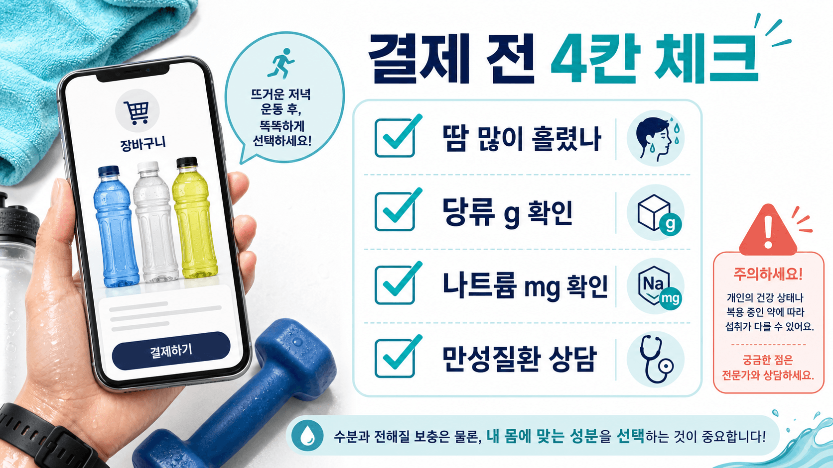 이온음료 결제 전 땀, 당류, 나트륨, 만성질환 상담을 확인하는 4칸 체크시트