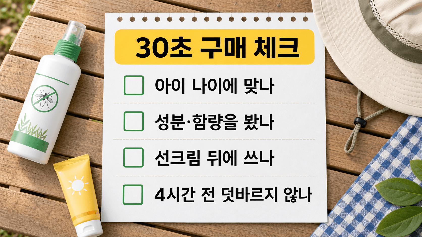 아이와 캠핑 전 모기기피제 구매 체크리스트: 나이, 성분·함량, 선크림 뒤 사용, 덧바름 간격 확인