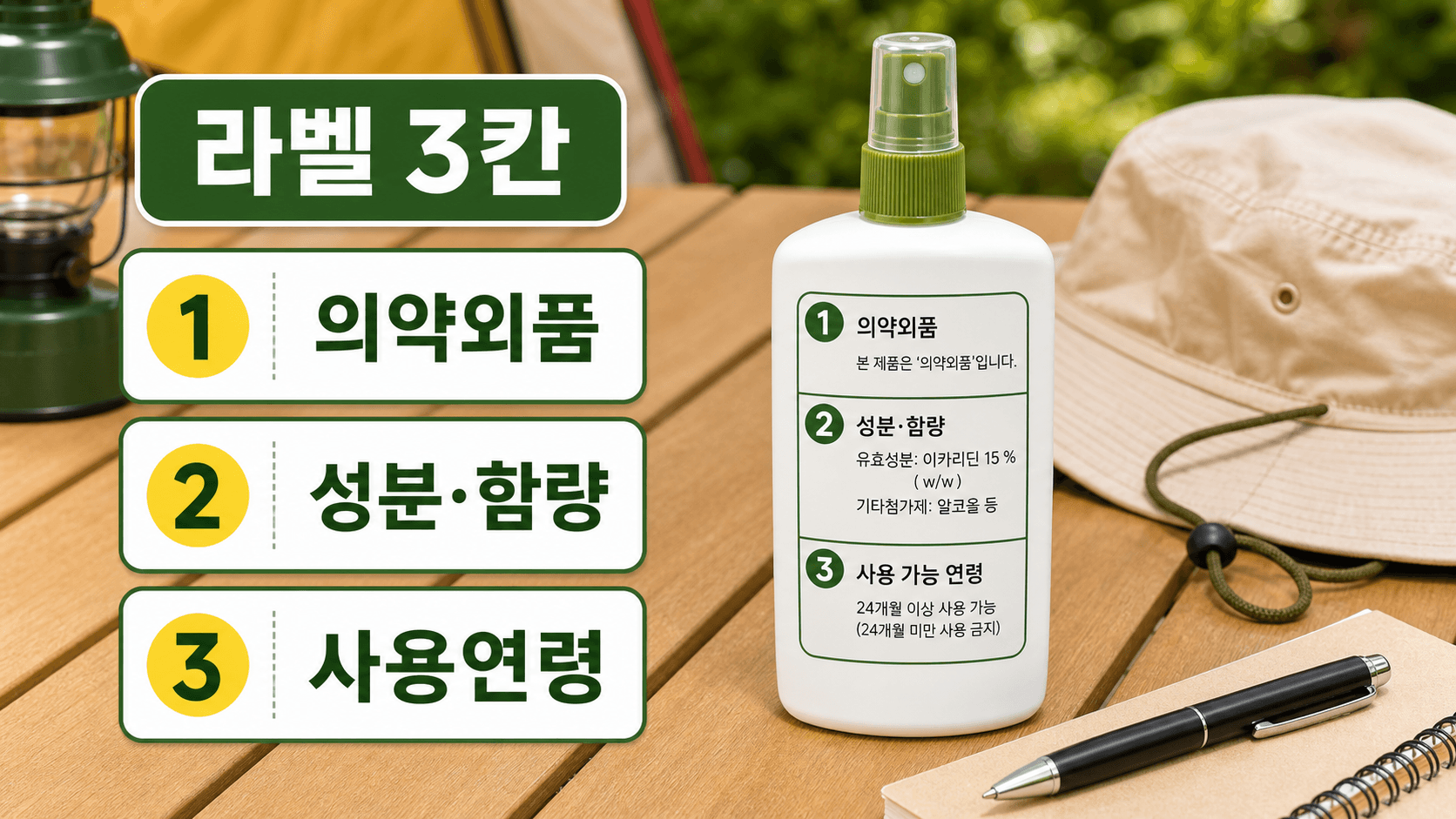 모기기피제 라벨에서 의약외품 표시, 성분과 함량, 사용 가능 연령을 확인하는 3칸 지도