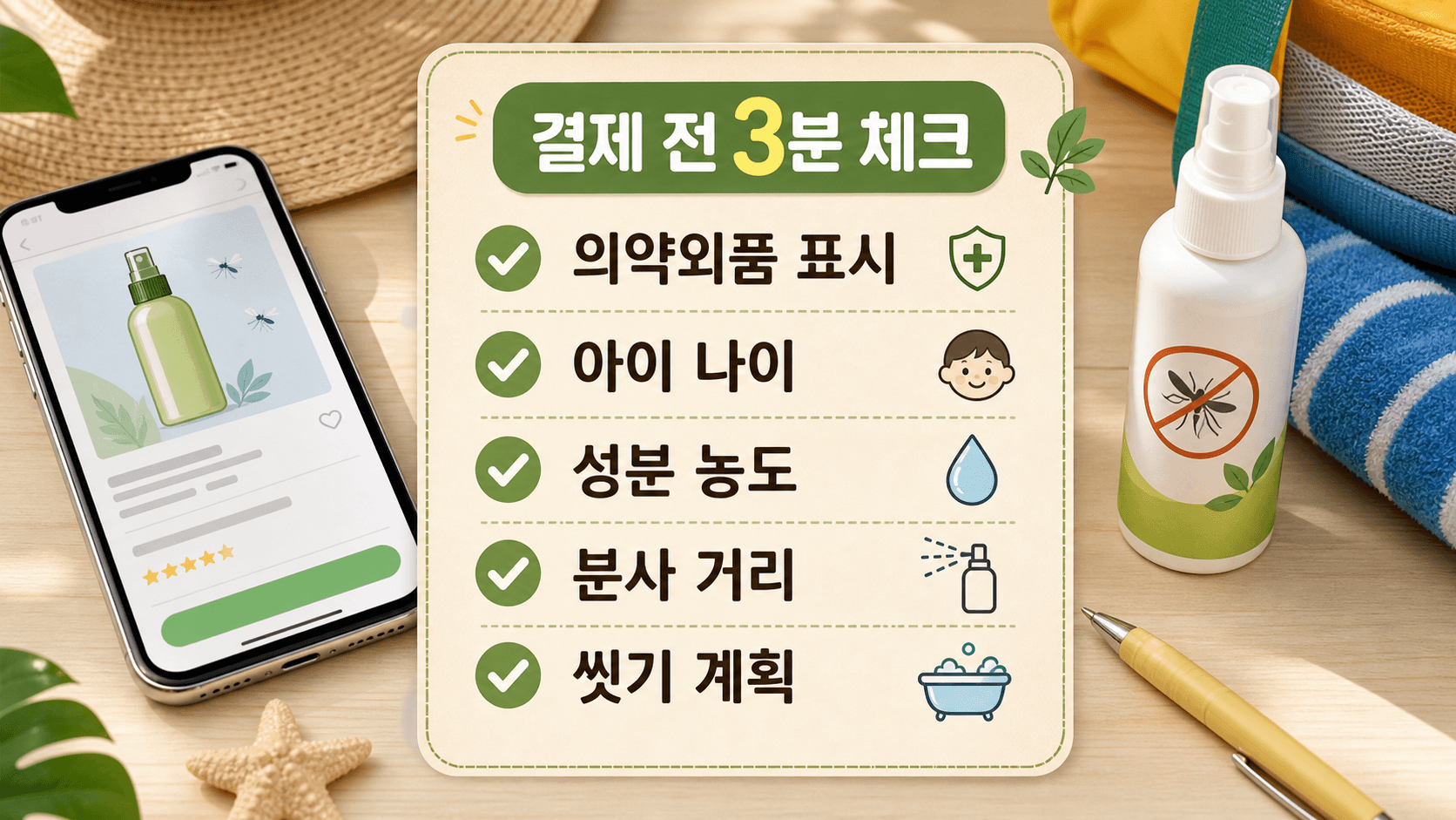 가족 캠핑 모기기피제 결제 전 의약외품 표시, 아이 나이, 성분 농도, 분사 거리, 씻기 계획을 확인하는 체크시트