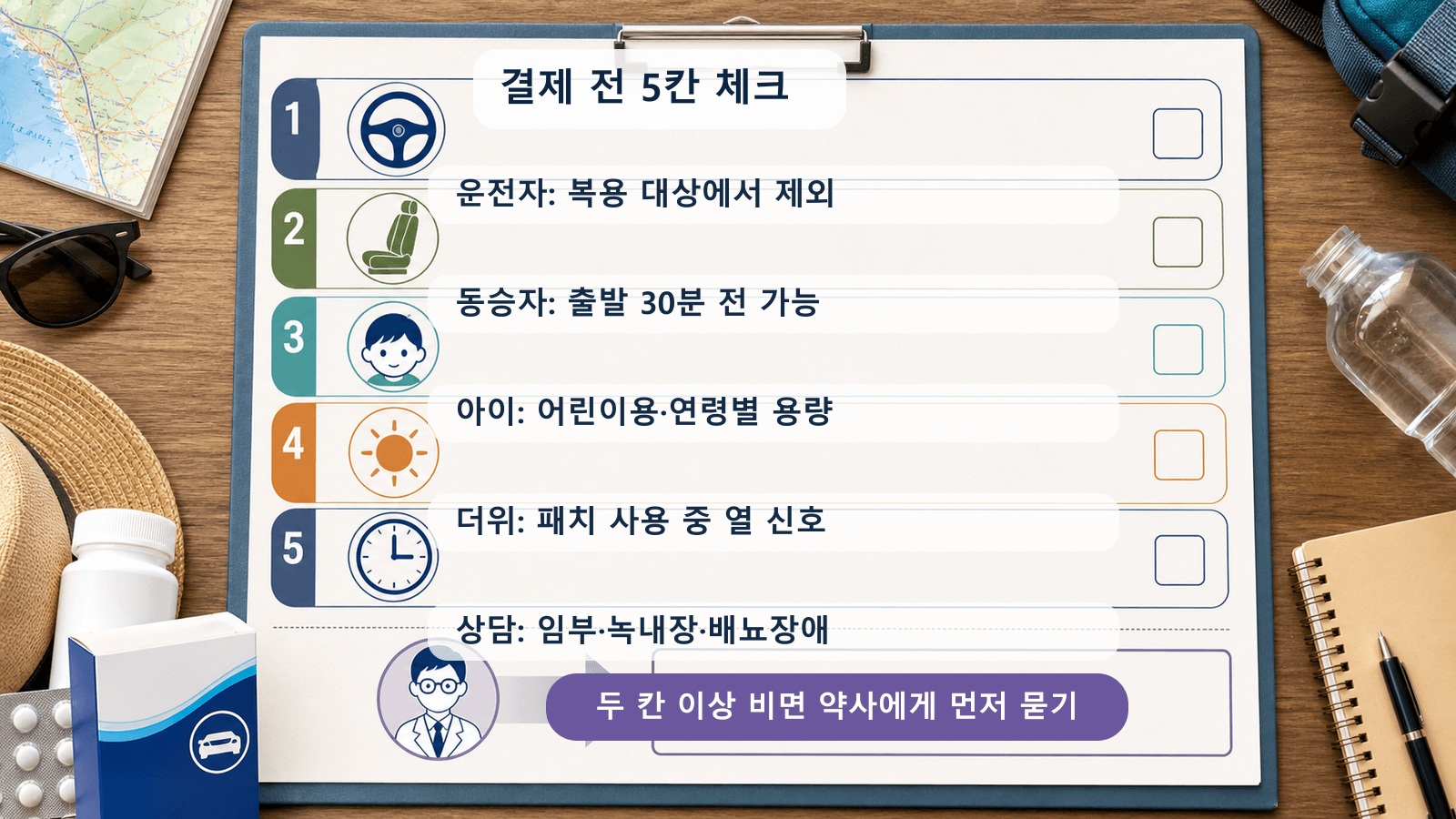 휴가길 멀미약 결제 전 운전자, 동승자, 아이, 더위, 시간표를 확인하는 5칸 체크시트