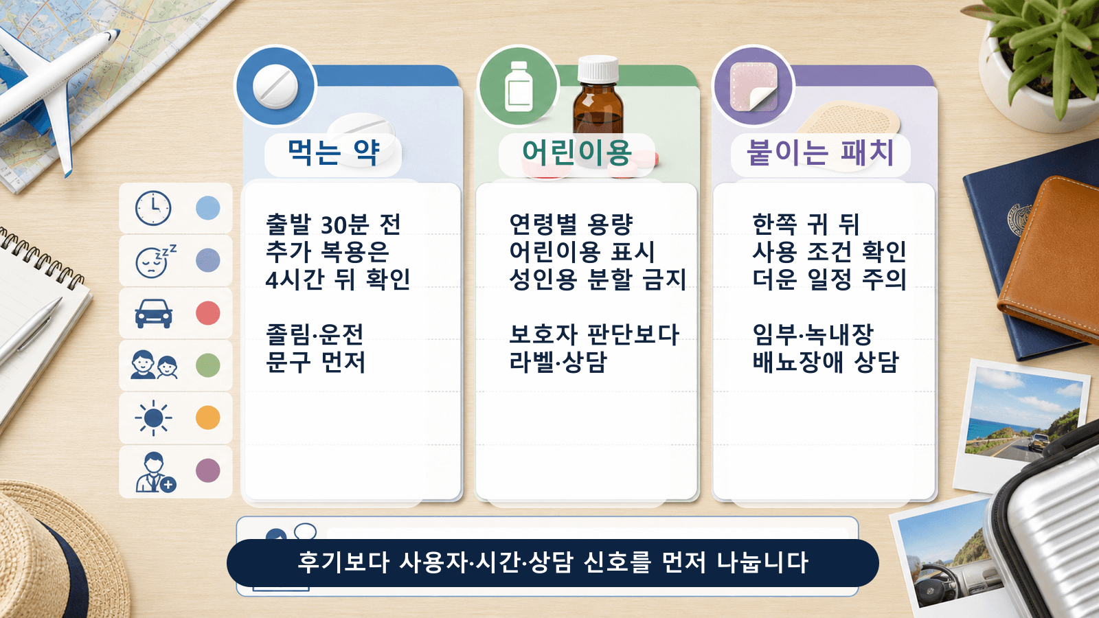 먹는 멀미약, 어린이용, 붙이는 패치 라벨에서 시간, 졸림, 운전, 아이, 더위, 상담 신호를 나눠 보는 라벨 지도