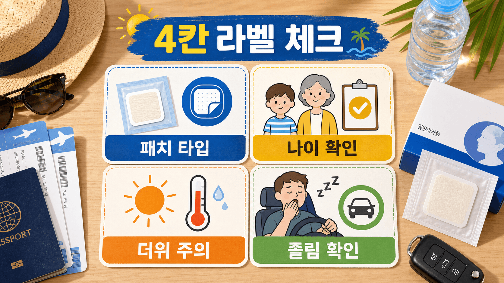 멀미약 제품을 고를 때 패치 타입, 나이 확인, 더위 주의, 졸림 확인을 나누어 보는 4칸 라벨 체크