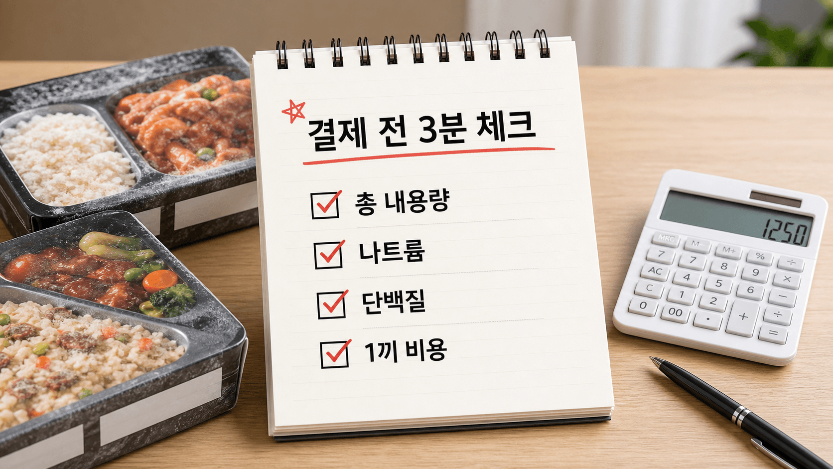 냉동도시락 결제 전 총 내용량, 나트륨, 단백질, 1끼 비용을 확인하는 체크리스트 이미지